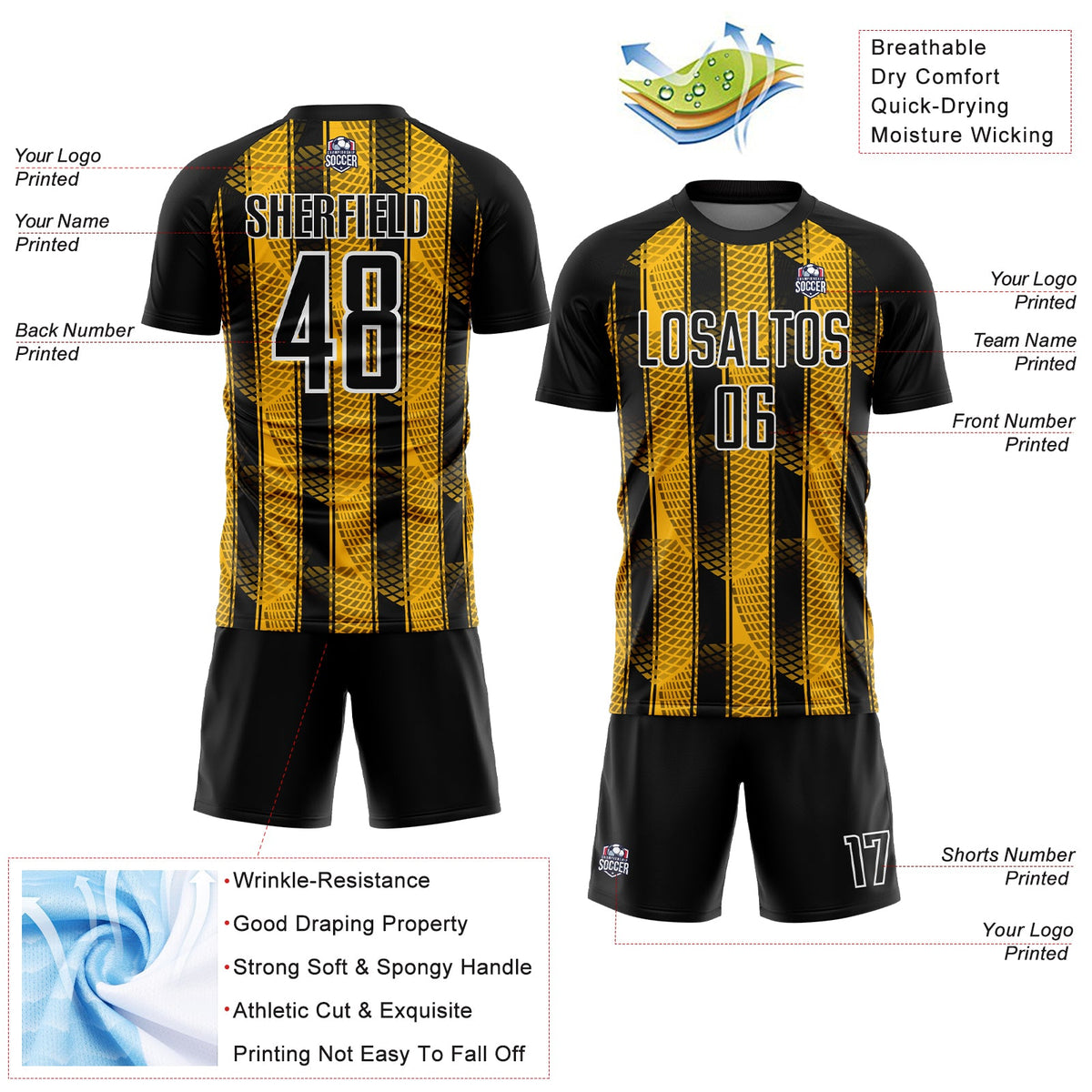 Custom Black Gold-White Abstract Network Sublimation Soccer Uniform Jersey Limited