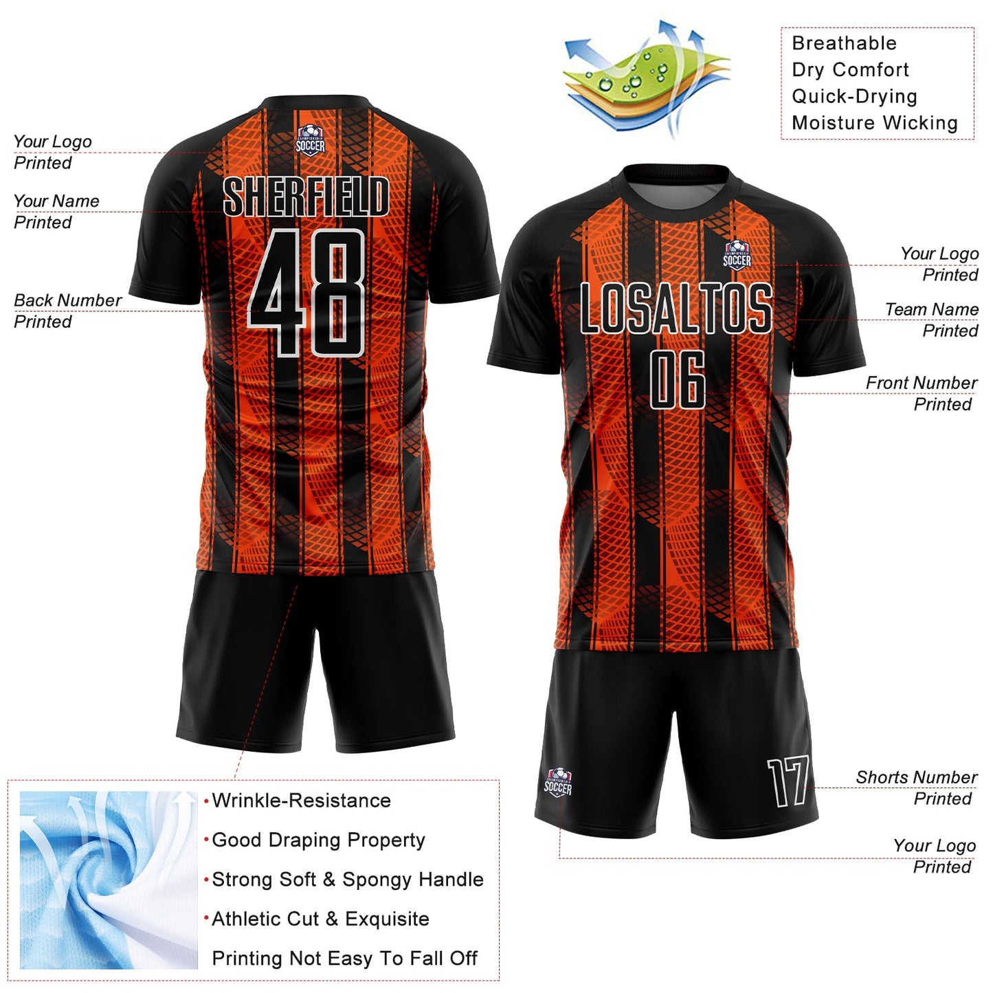 Custom Black Orange-White Abstract Network Sublimation Soccer Uniform Jersey Limited
