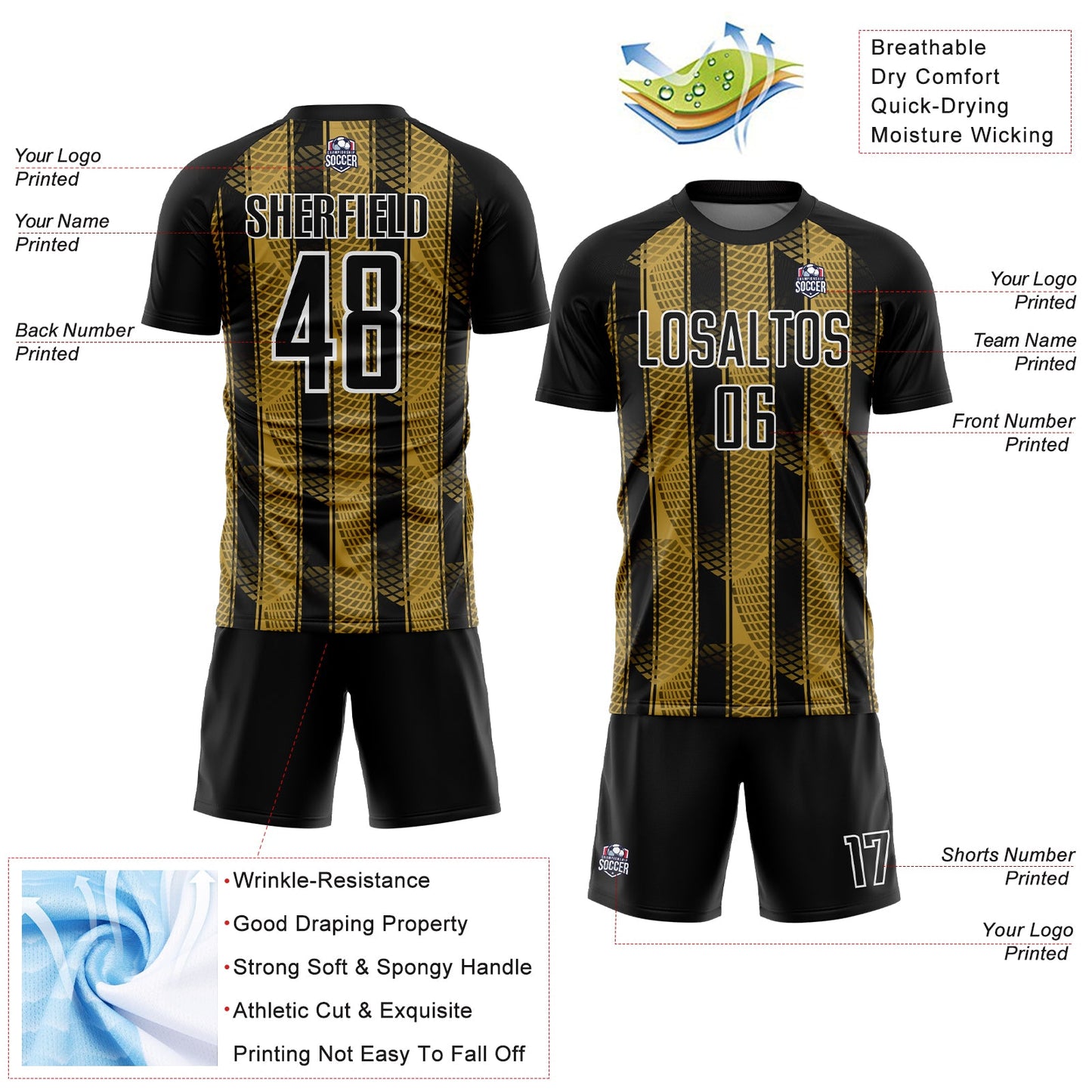 Custom Black Old Gold-White Abstract Network Sublimation Soccer Uniform Jersey Limited