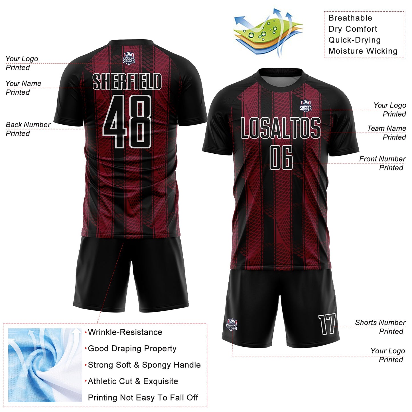 Custom Black Crimson-White Abstract Network Sublimation Soccer Uniform Jersey Limited