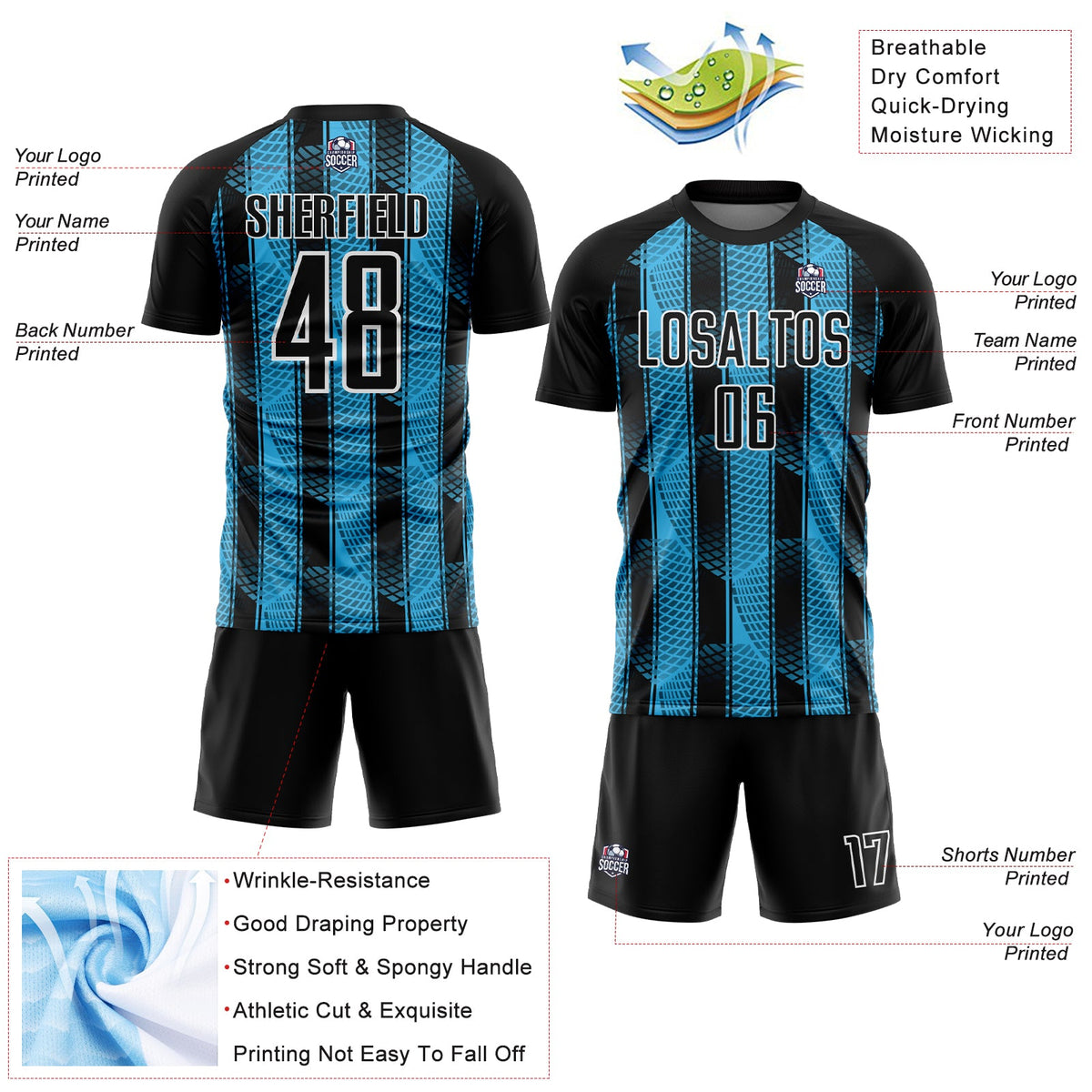Custom Black Sky Blue-White Abstract Network Sublimation Soccer Uniform Jersey Limited