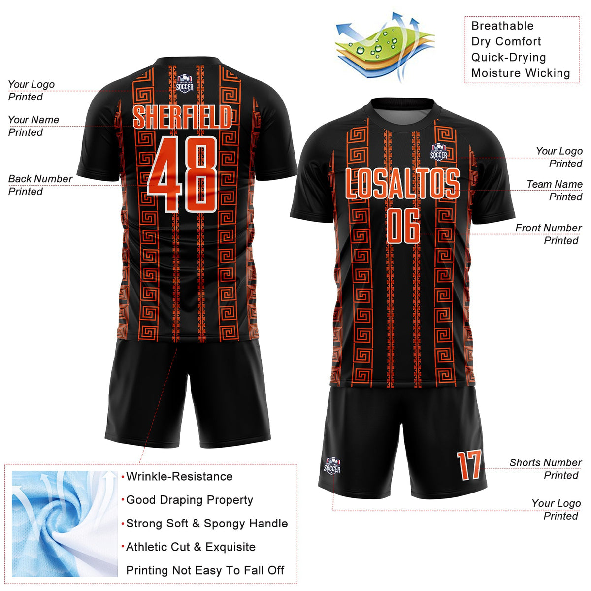 Custom Black Orange-White Geometric Shape Sublimation Soccer Uniform Jersey Limited