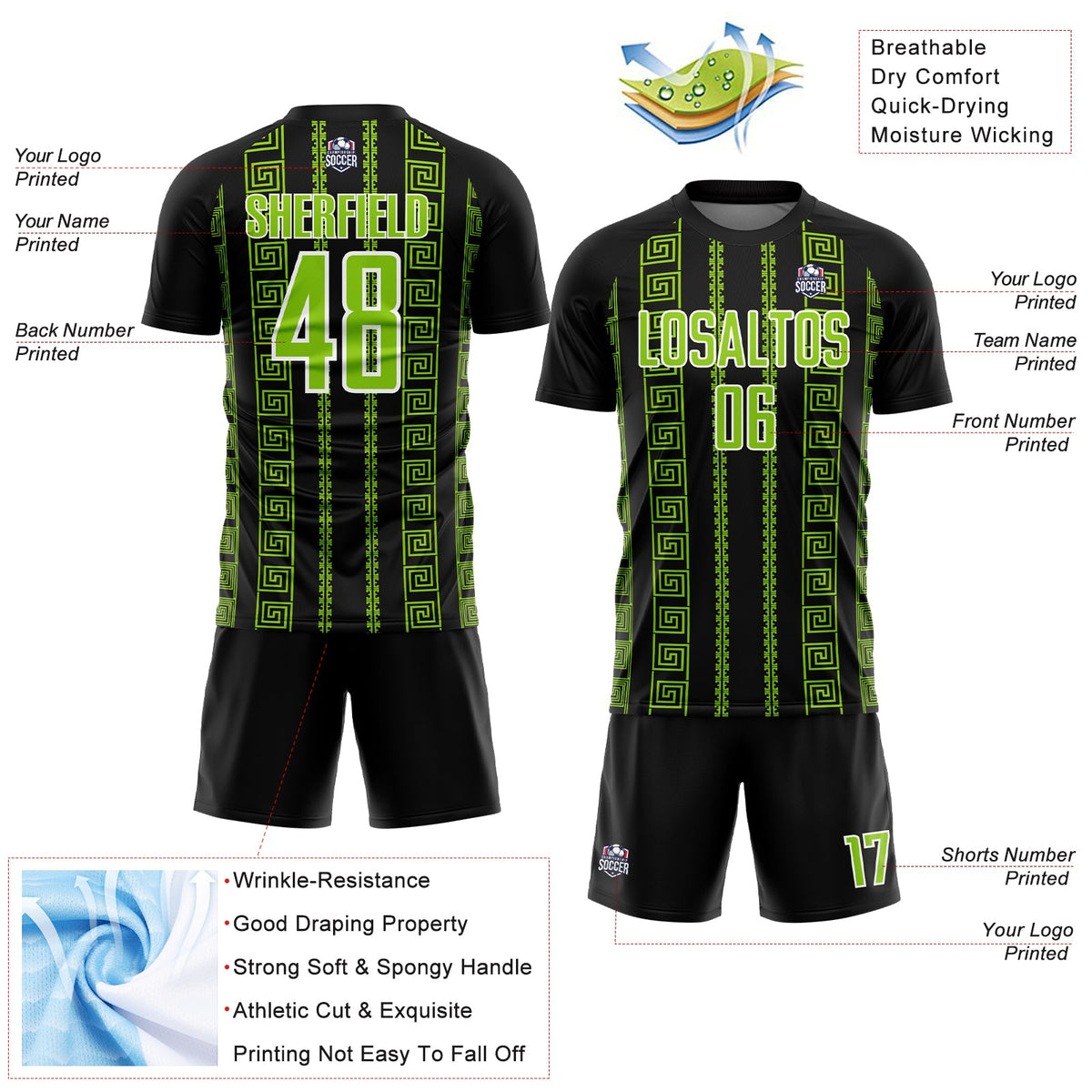 Custom Black Neon Green-White Geometric Shape Sublimation Soccer Uniform Jersey Limited