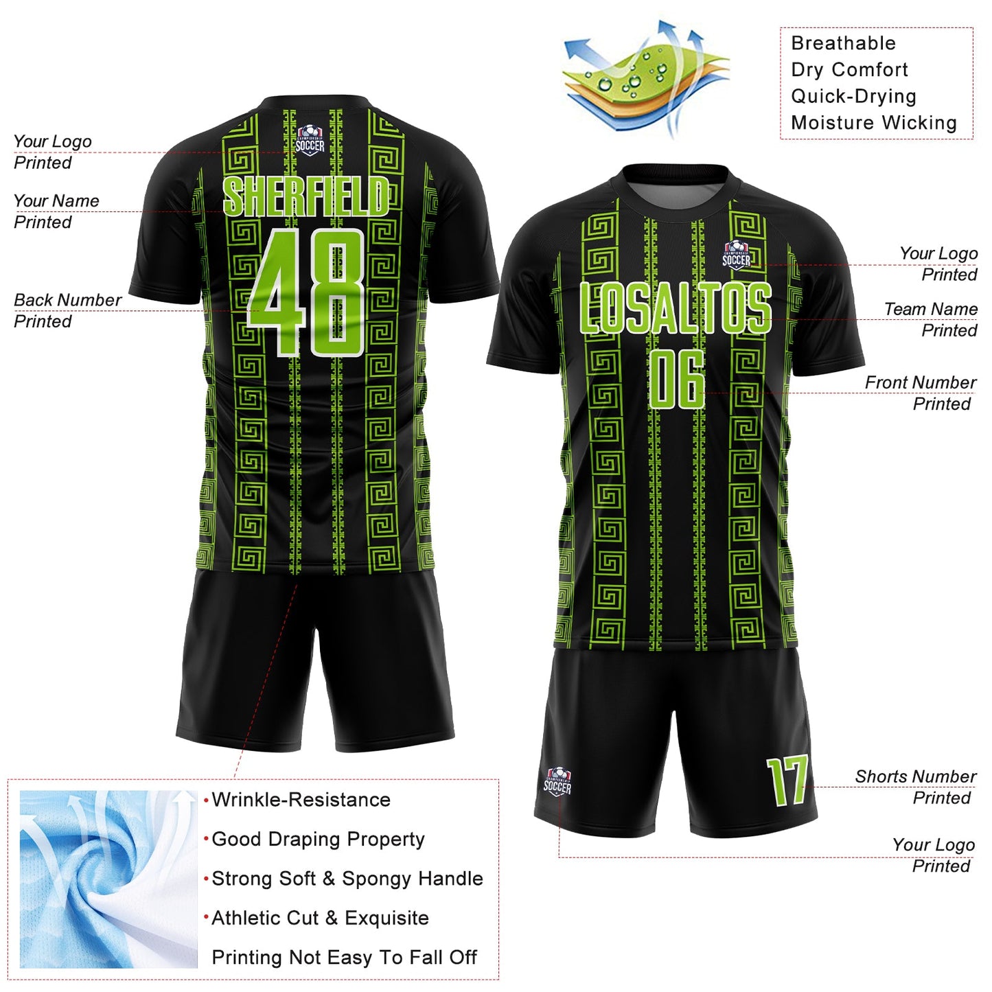 Custom Black Neon Green-White Geometric Shape Sublimation Soccer Uniform Jersey Limited