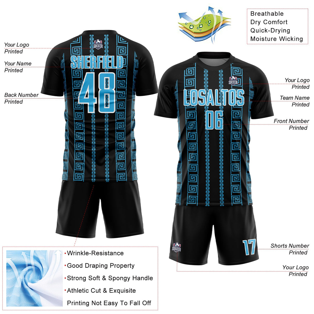 Custom Black Sky Blue-White Geometric Shape Sublimation Soccer Uniform Jersey Limited