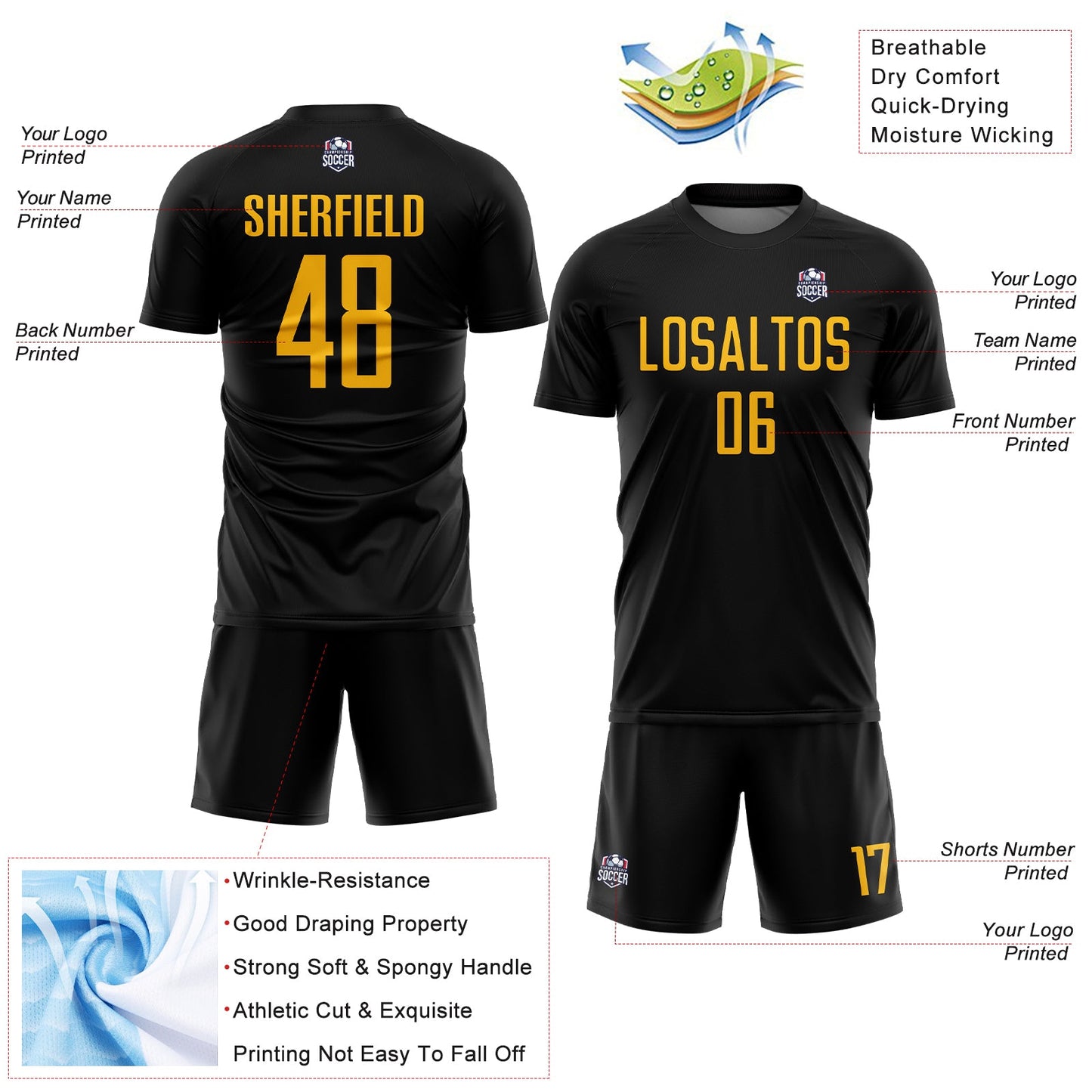 Custom Black Gold Sublimation Soccer Uniform Jersey Limited