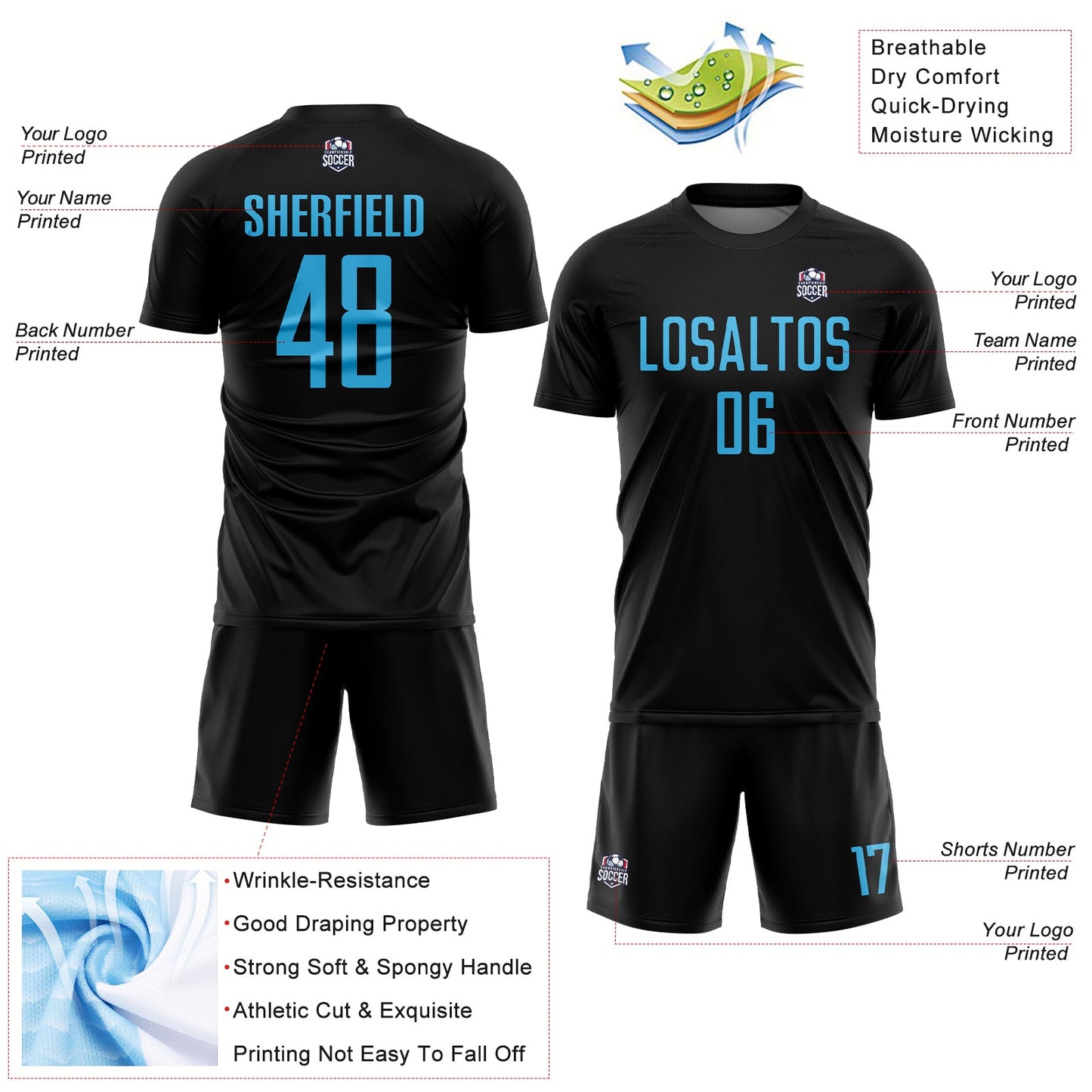 Custom Black Sky Blue Sublimation Soccer Uniform Jersey Limited