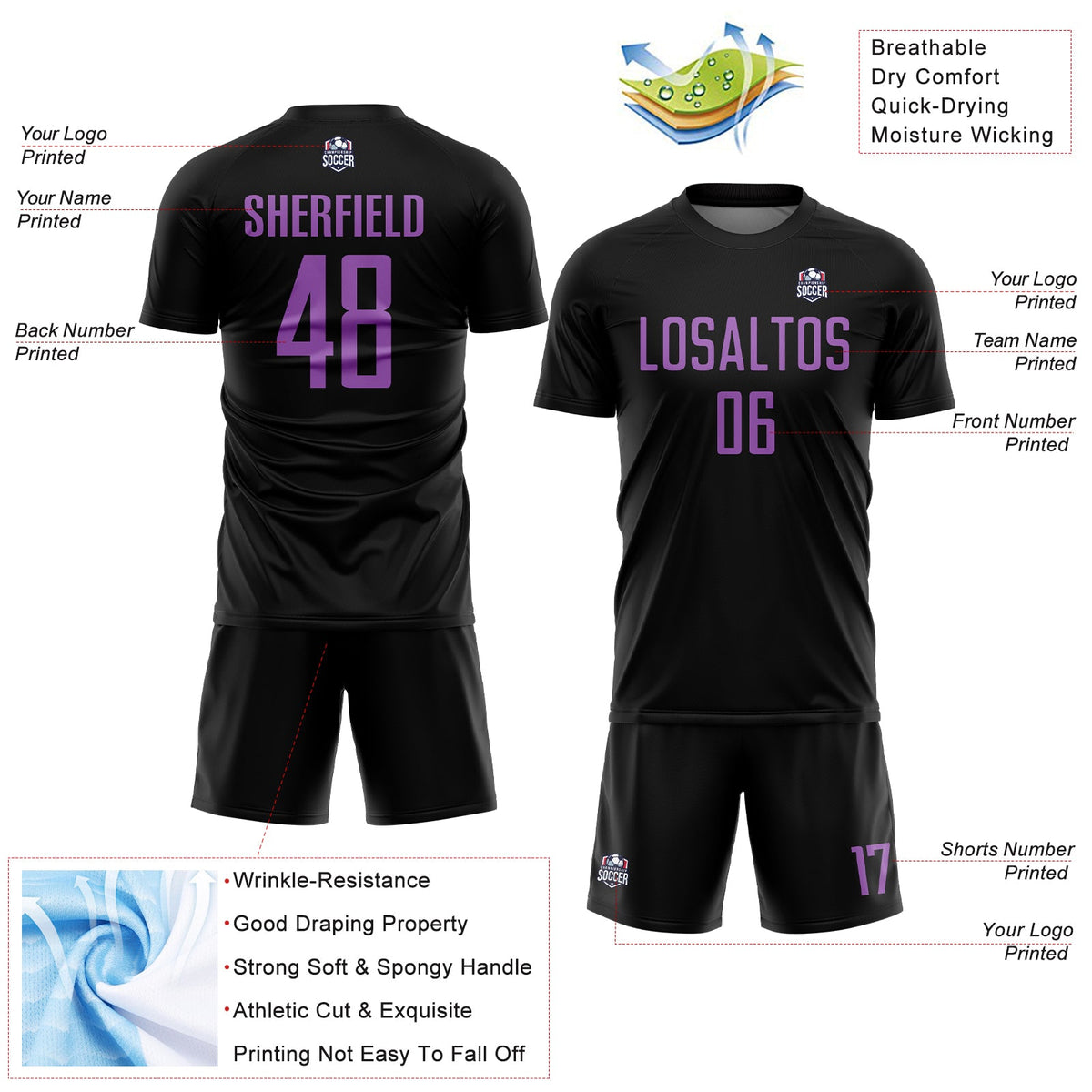 Custom Black Medium Purple Sublimation Soccer Uniform Jersey Limited