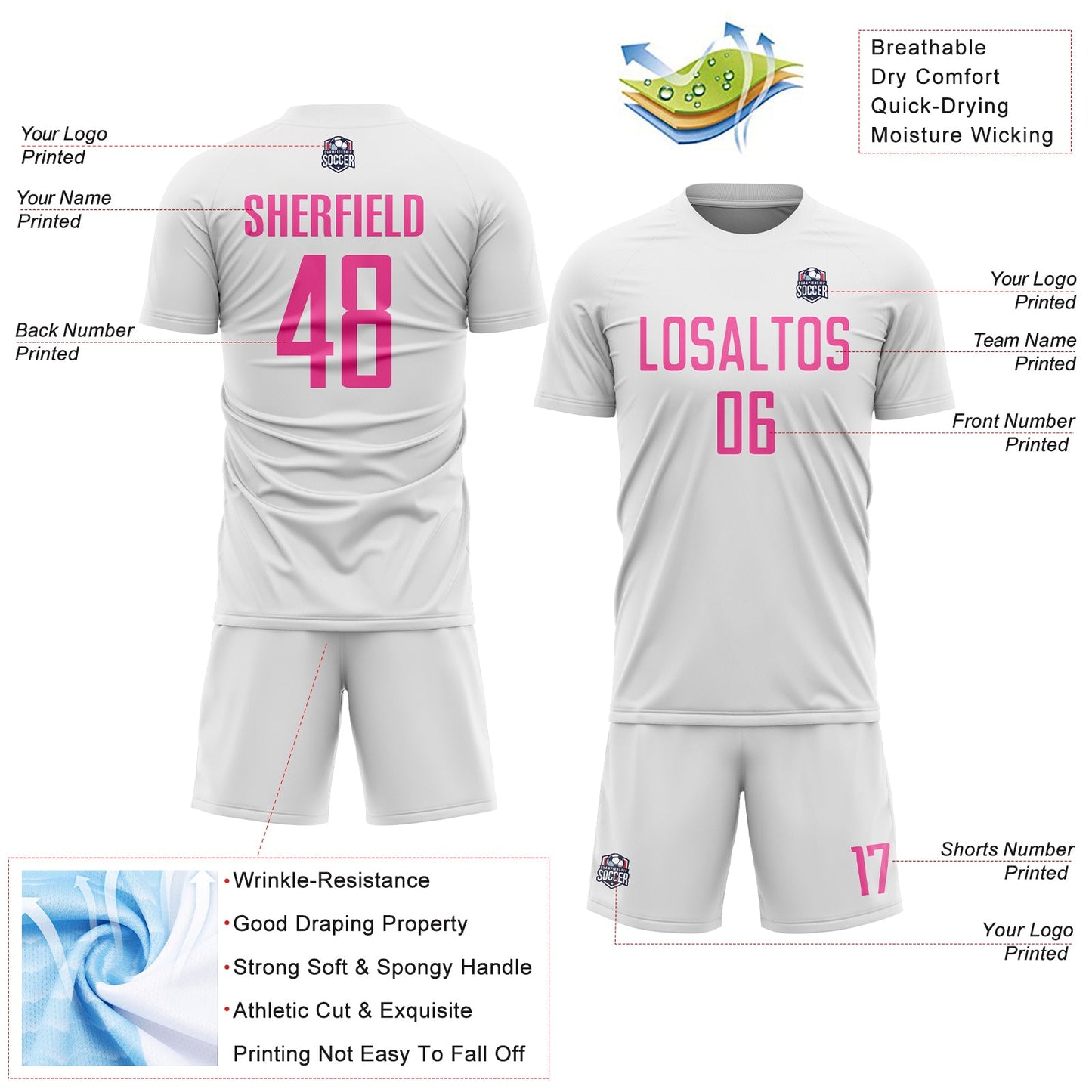Custom White Pink Sublimation Soccer Uniform Jersey Limited