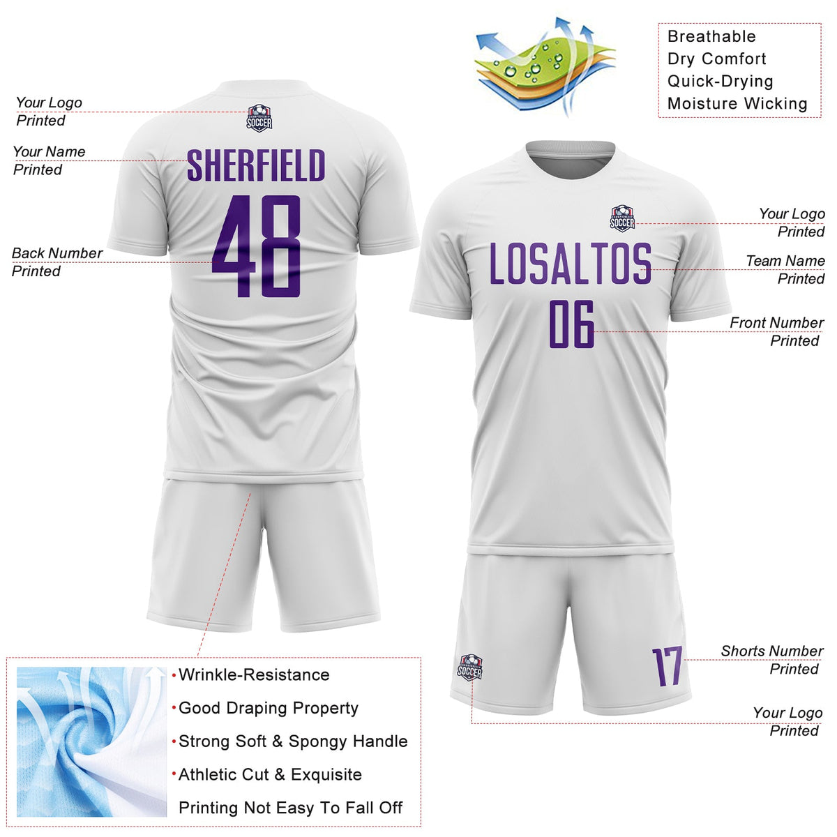 Custom White Purple Sublimation Soccer Uniform Jersey Limited