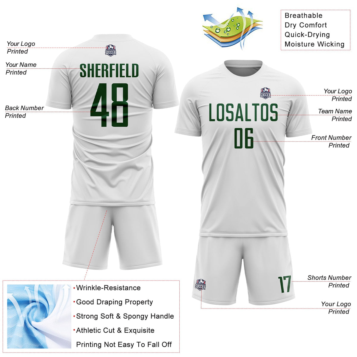 Custom White Green Sublimation Soccer Uniform Jersey Limited