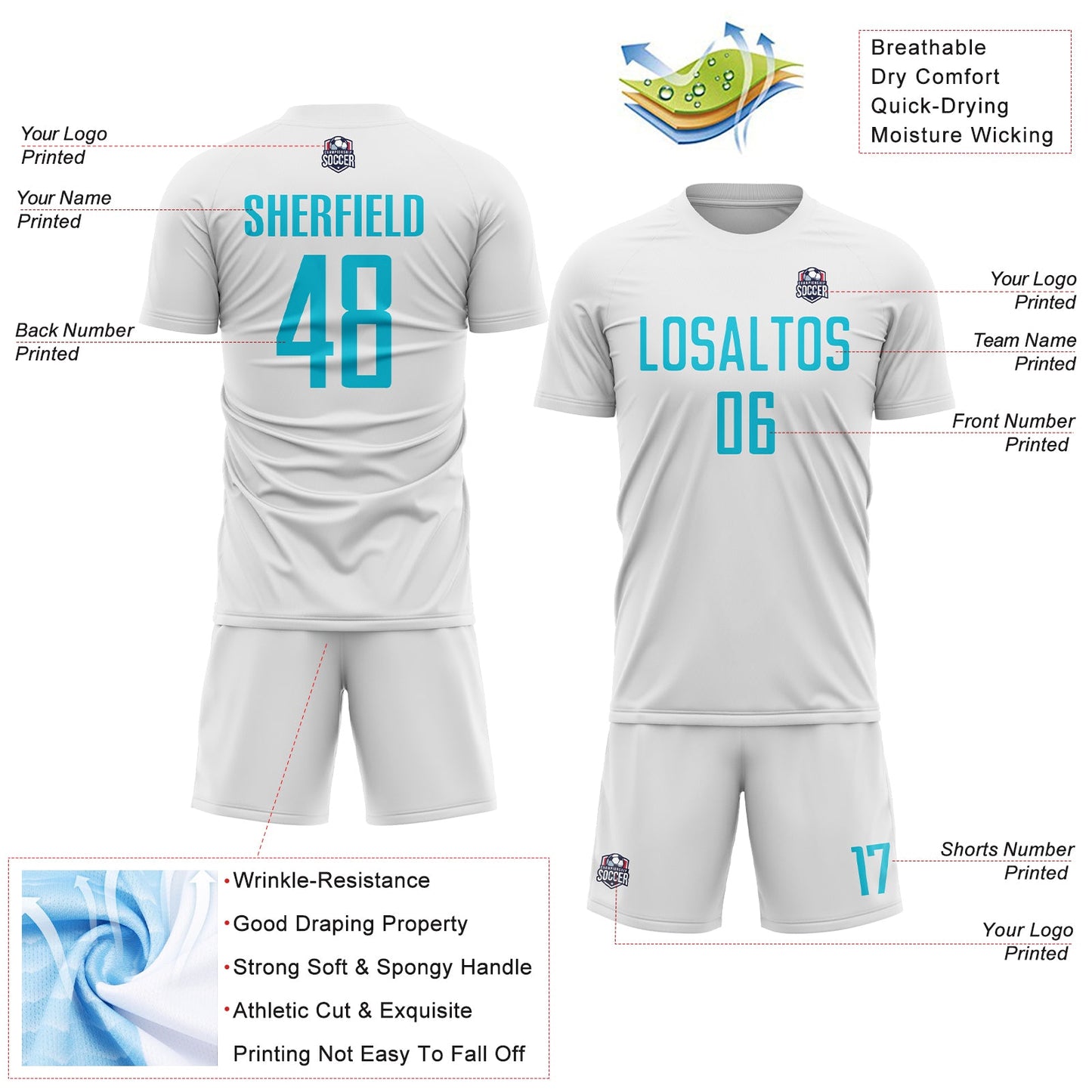 Custom White Lakes Blue Sublimation Soccer Uniform Jersey Limited