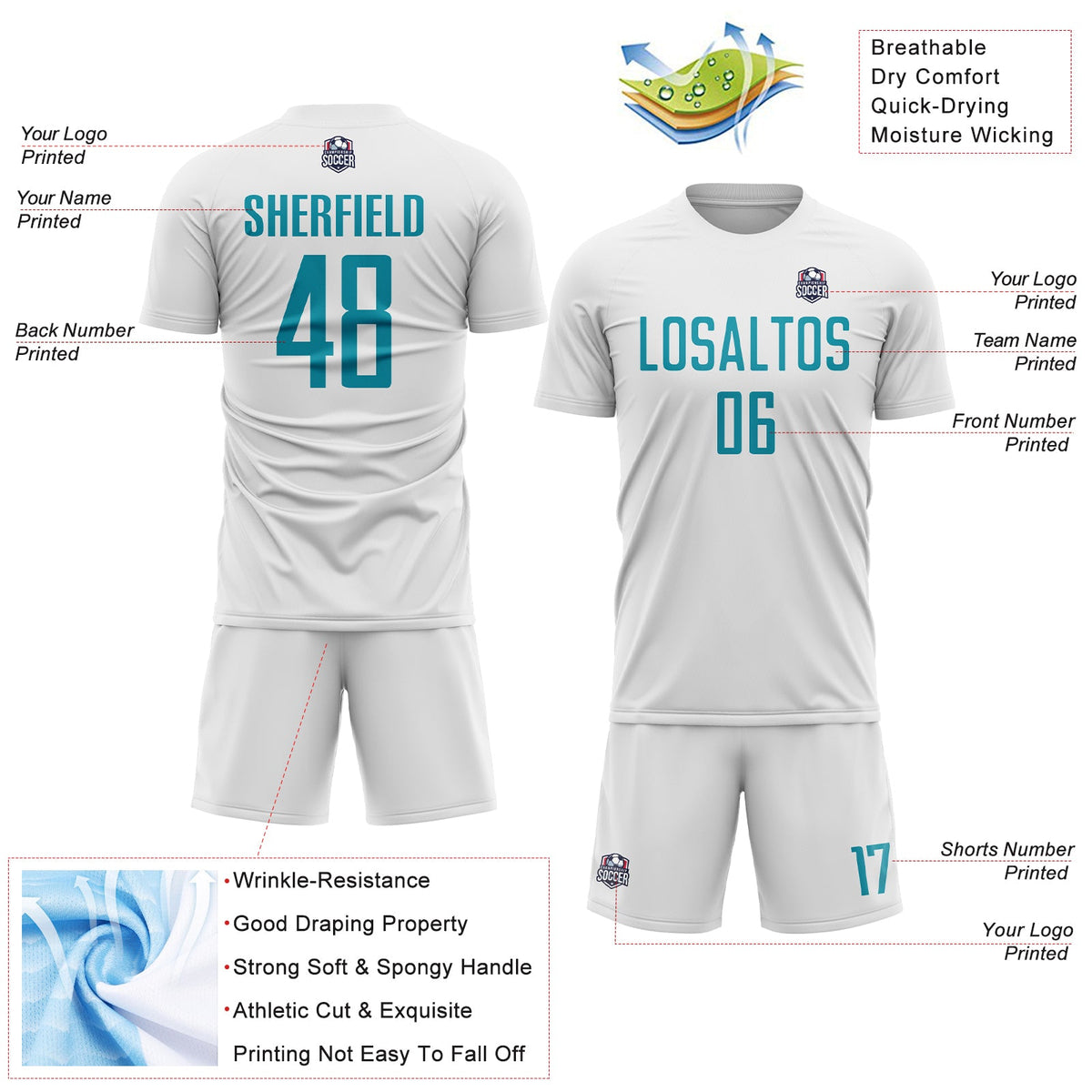 Custom White Teal Sublimation Soccer Uniform Jersey Limited