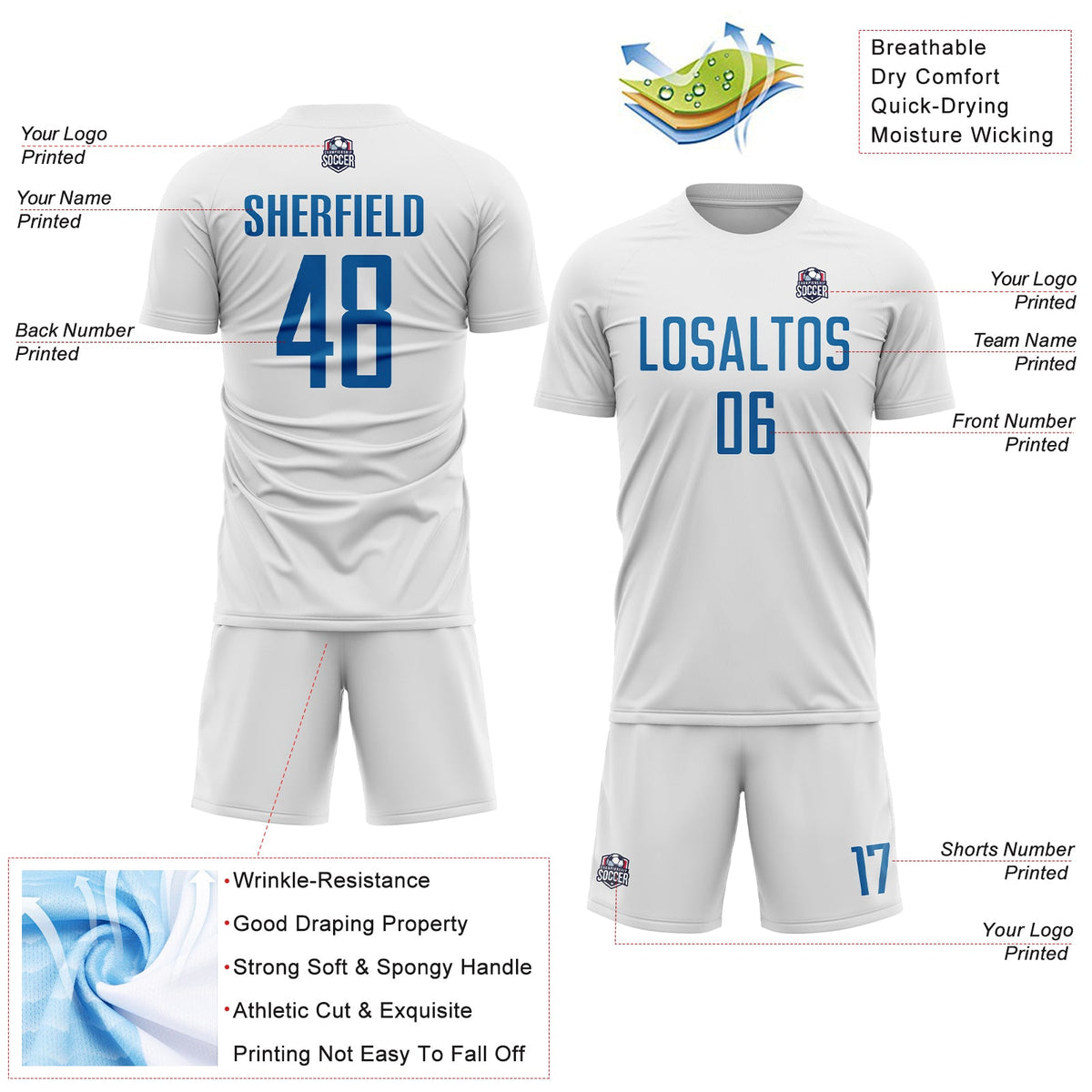Custom White Blue Sublimation Soccer Uniform Jersey Limited