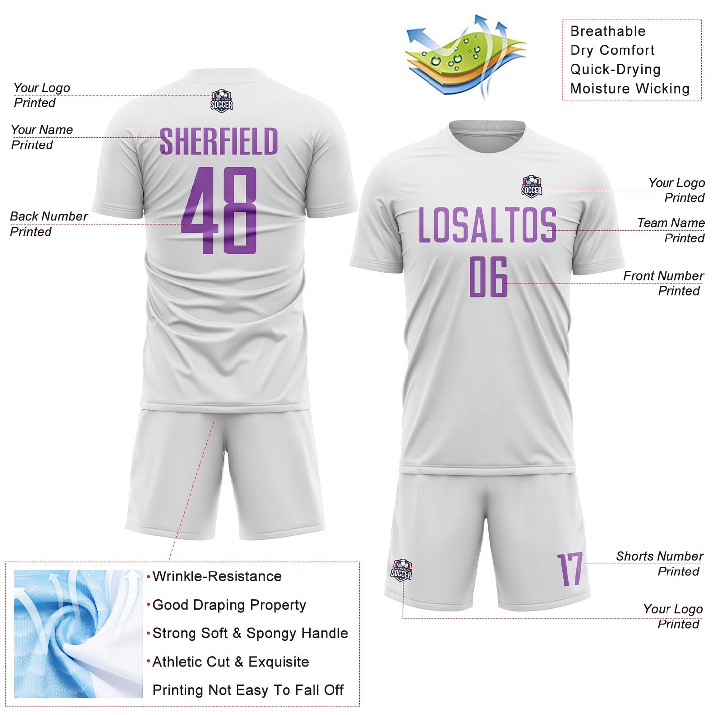 Custom White Medium Purple Sublimation Soccer Uniform Jersey Limited