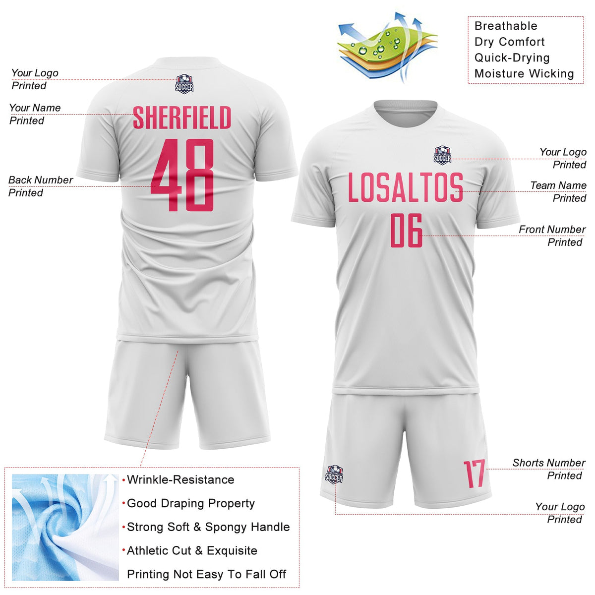 Custom White Neon Pink Sublimation Soccer Uniform Jersey Limited