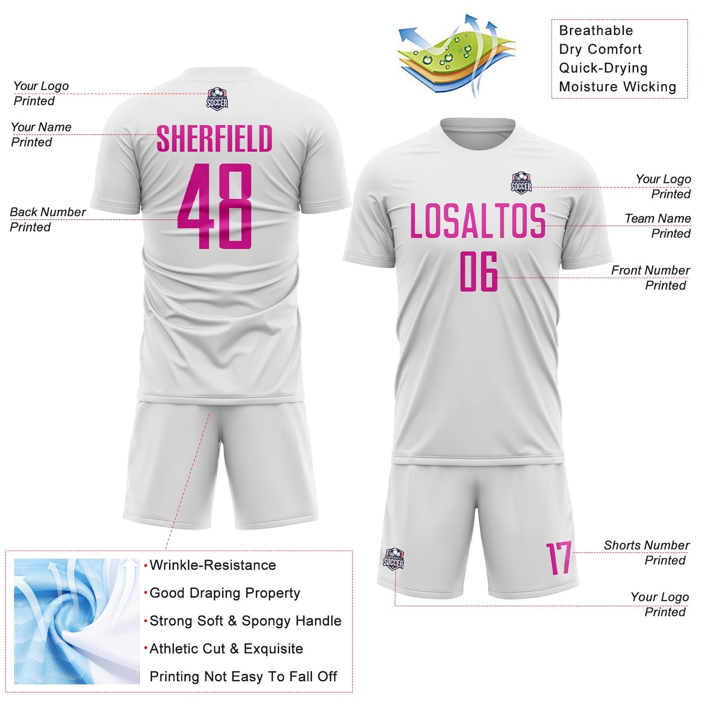 Custom White Deep Pink Sublimation Soccer Uniform Jersey Limited