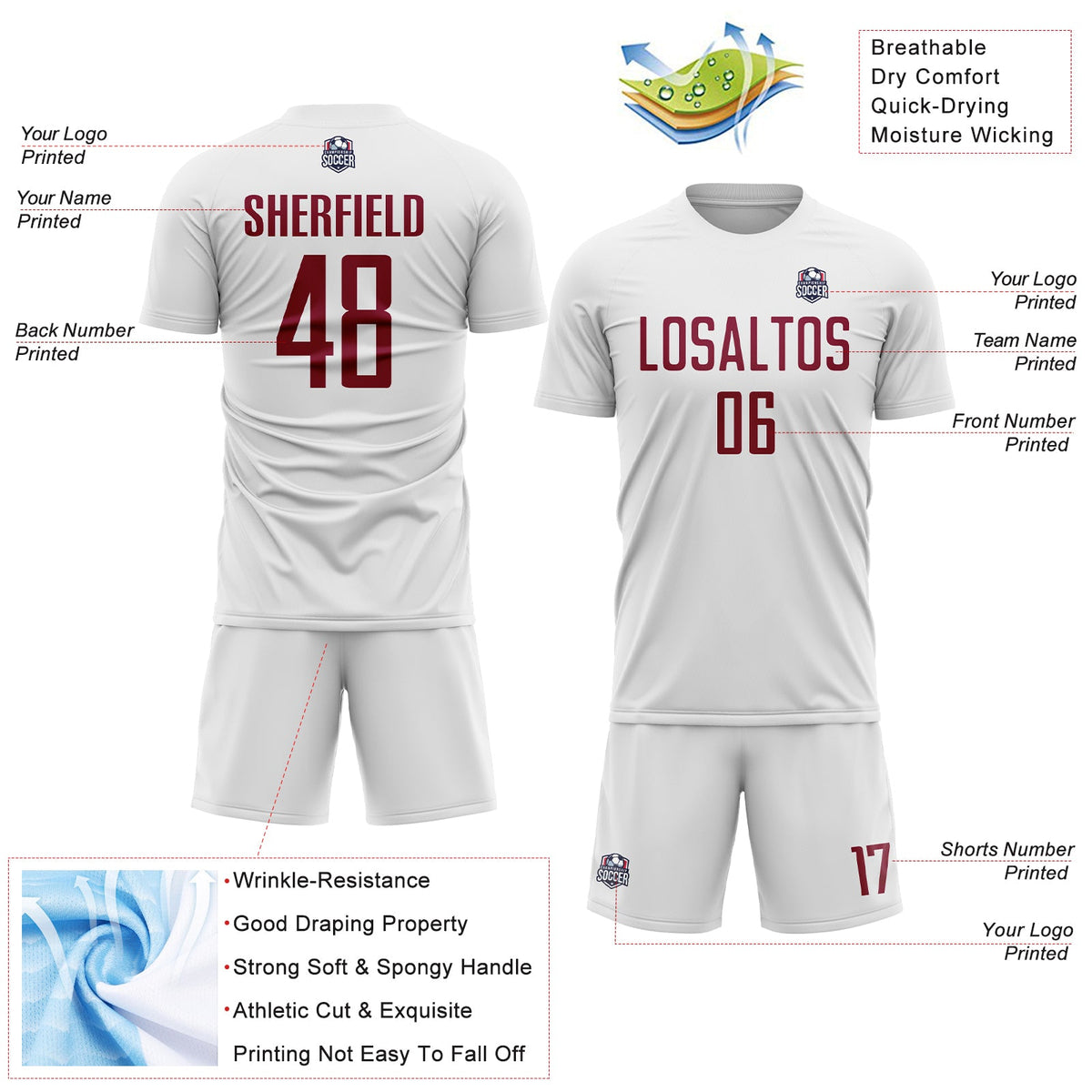 Custom White Maroon Sublimation Soccer Uniform Jersey Limited