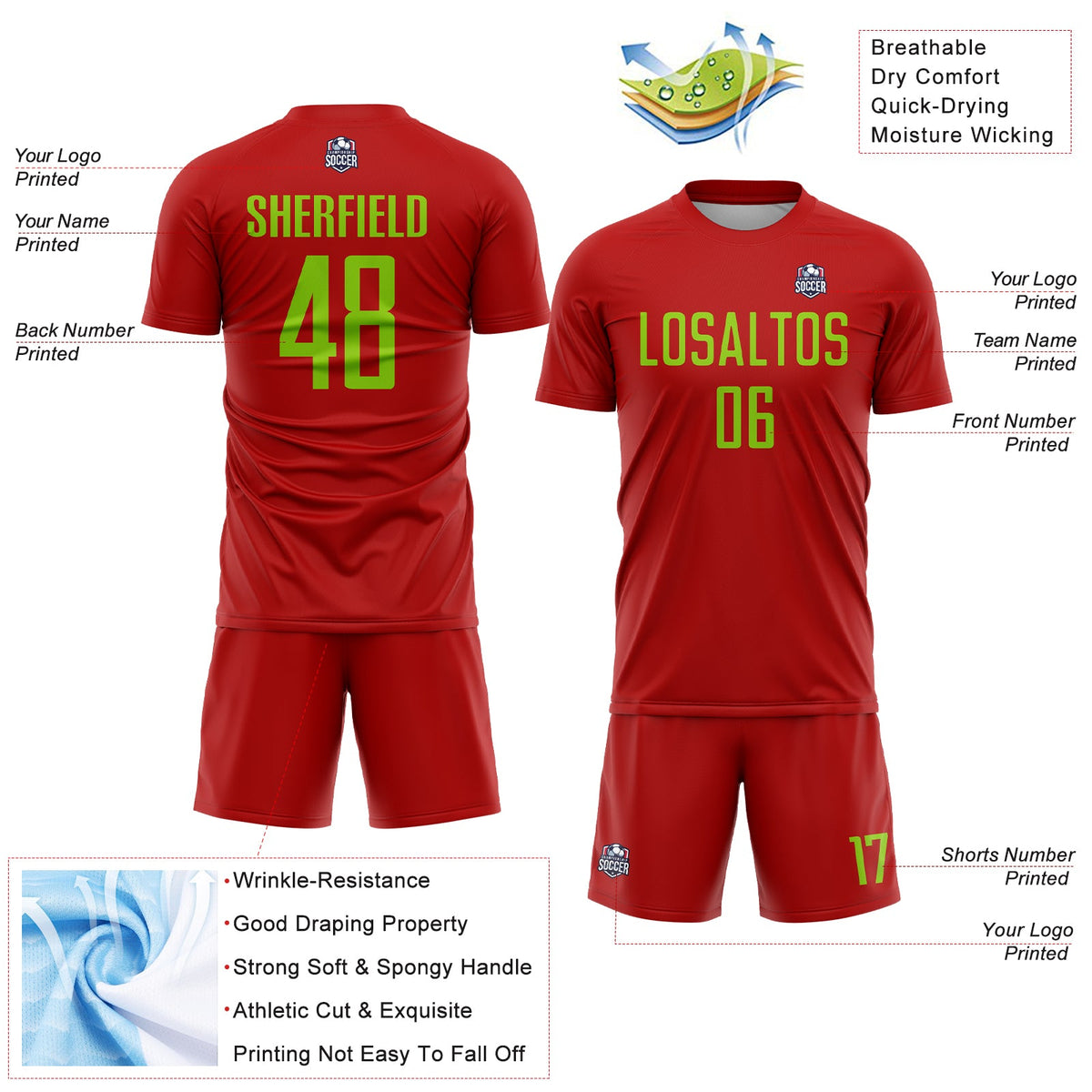 Custom Red Neon Green Sublimation Soccer Uniform Jersey Limited
