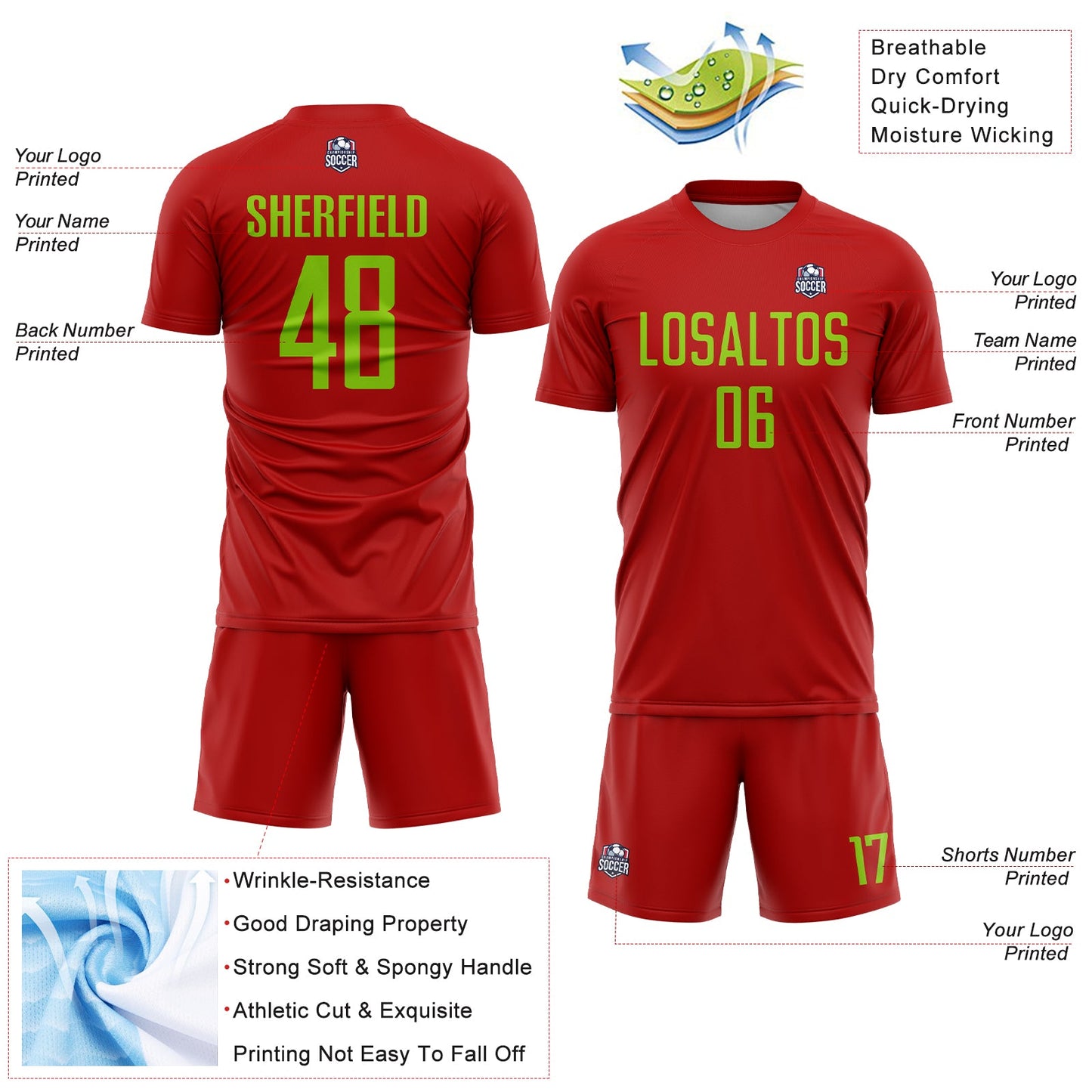 Custom Red Neon Green Sublimation Soccer Uniform Jersey Limited