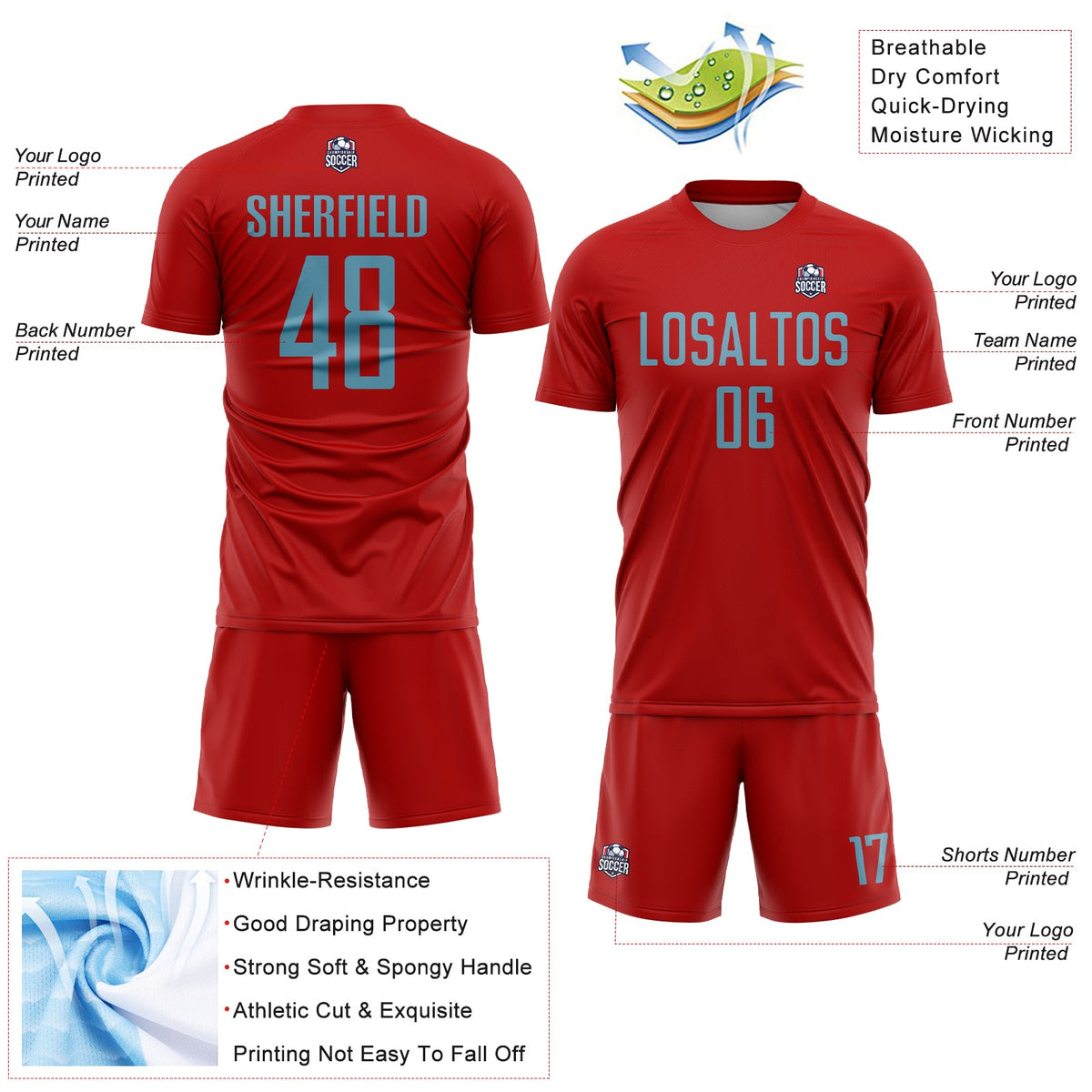 Custom Red Shadow Blue Sublimation Soccer Uniform Jersey Limited