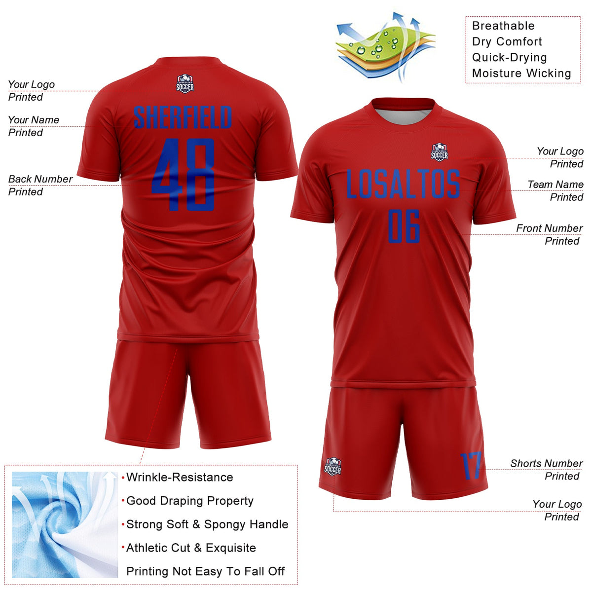 Custom Red Thunder Blue Sublimation Soccer Uniform Jersey Limited
