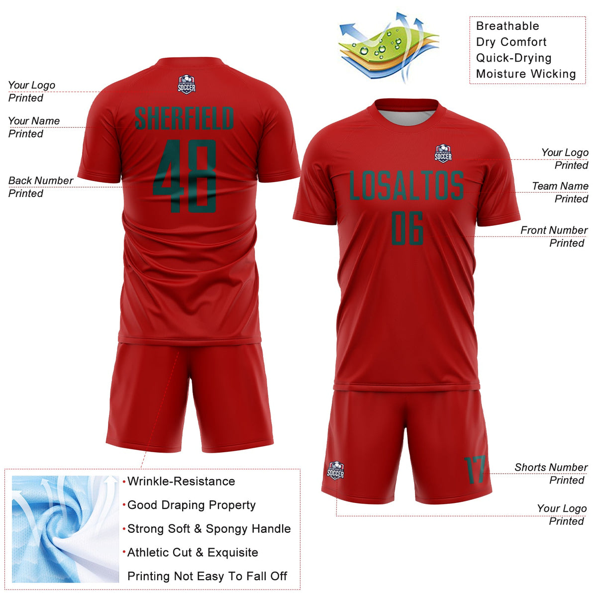 Custom Red Midnight Green Sublimation Soccer Uniform Jersey Limited
