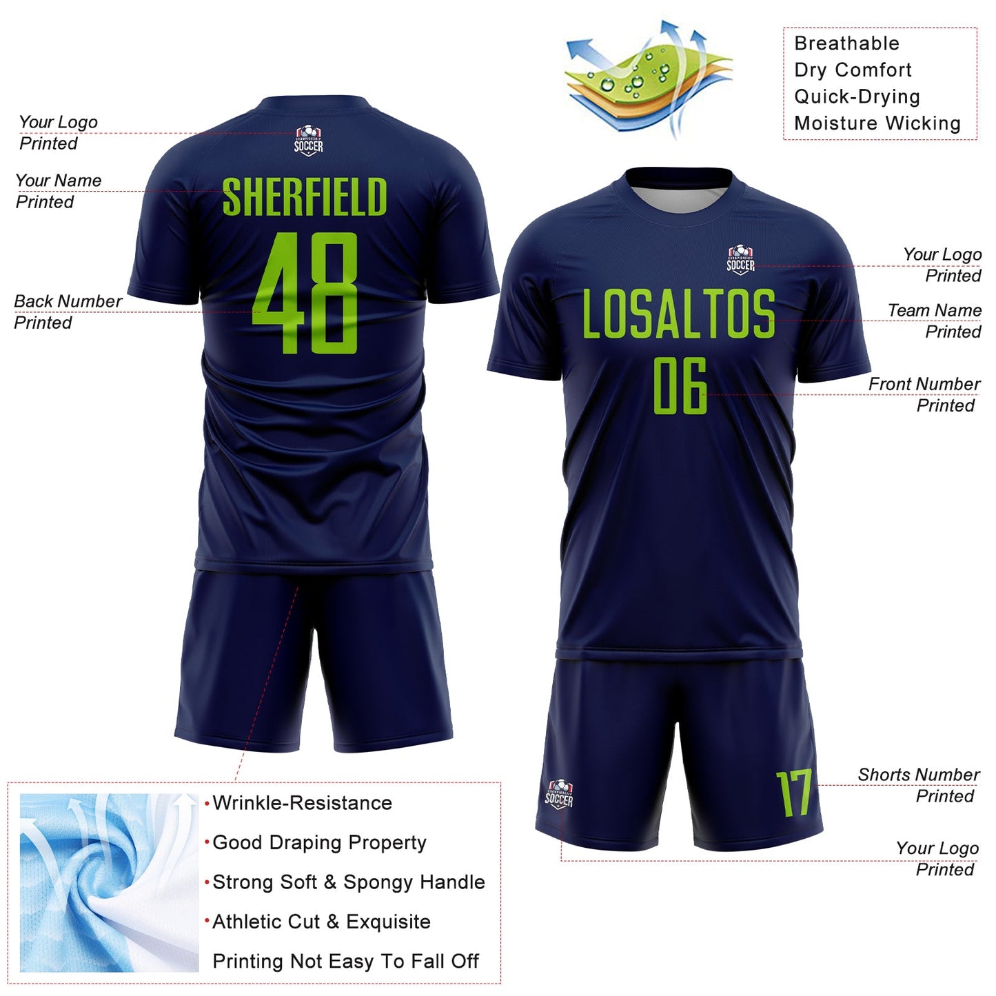 Custom Navy Neon Green Sublimation Soccer Uniform Jersey Limited