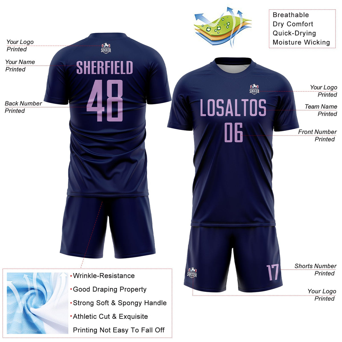 Custom Navy Light Purple Sublimation Soccer Uniform Jersey Limited