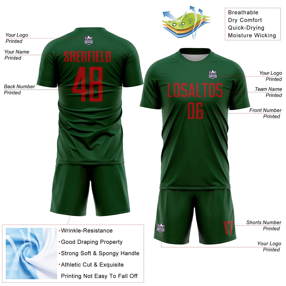 Custom Green Red Sublimation Soccer Uniform Jersey Limited