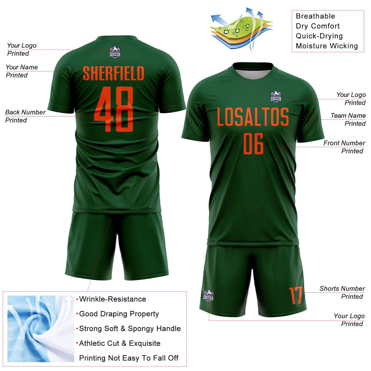 Custom Green Orange Sublimation Soccer Uniform Jersey Limited