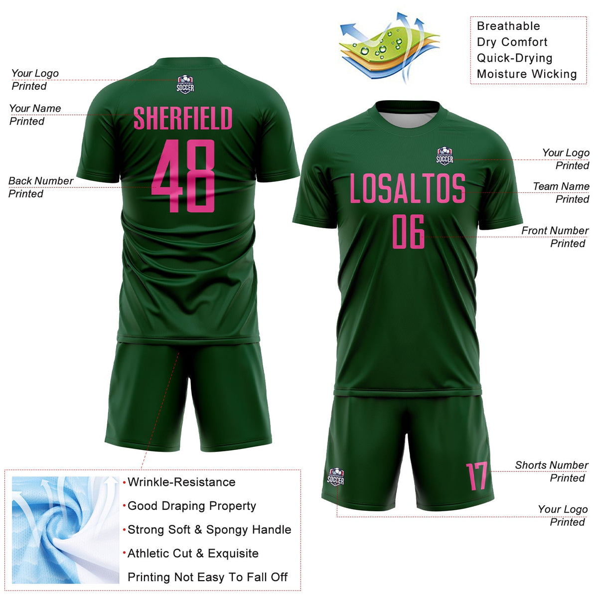 Custom Green Pink Sublimation Soccer Uniform Jersey Limited