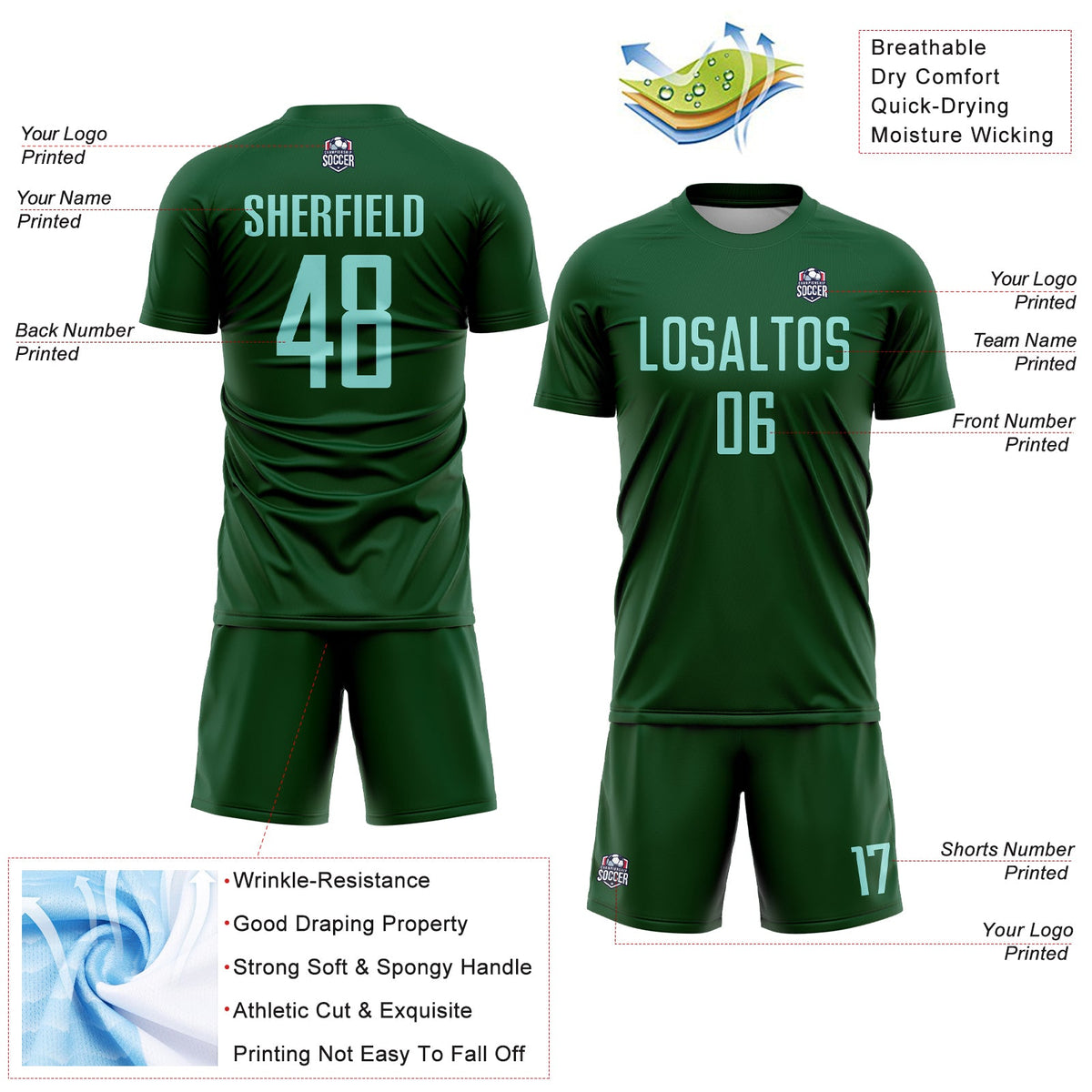 Custom Green Ice Blue Sublimation Soccer Uniform Jersey Limited