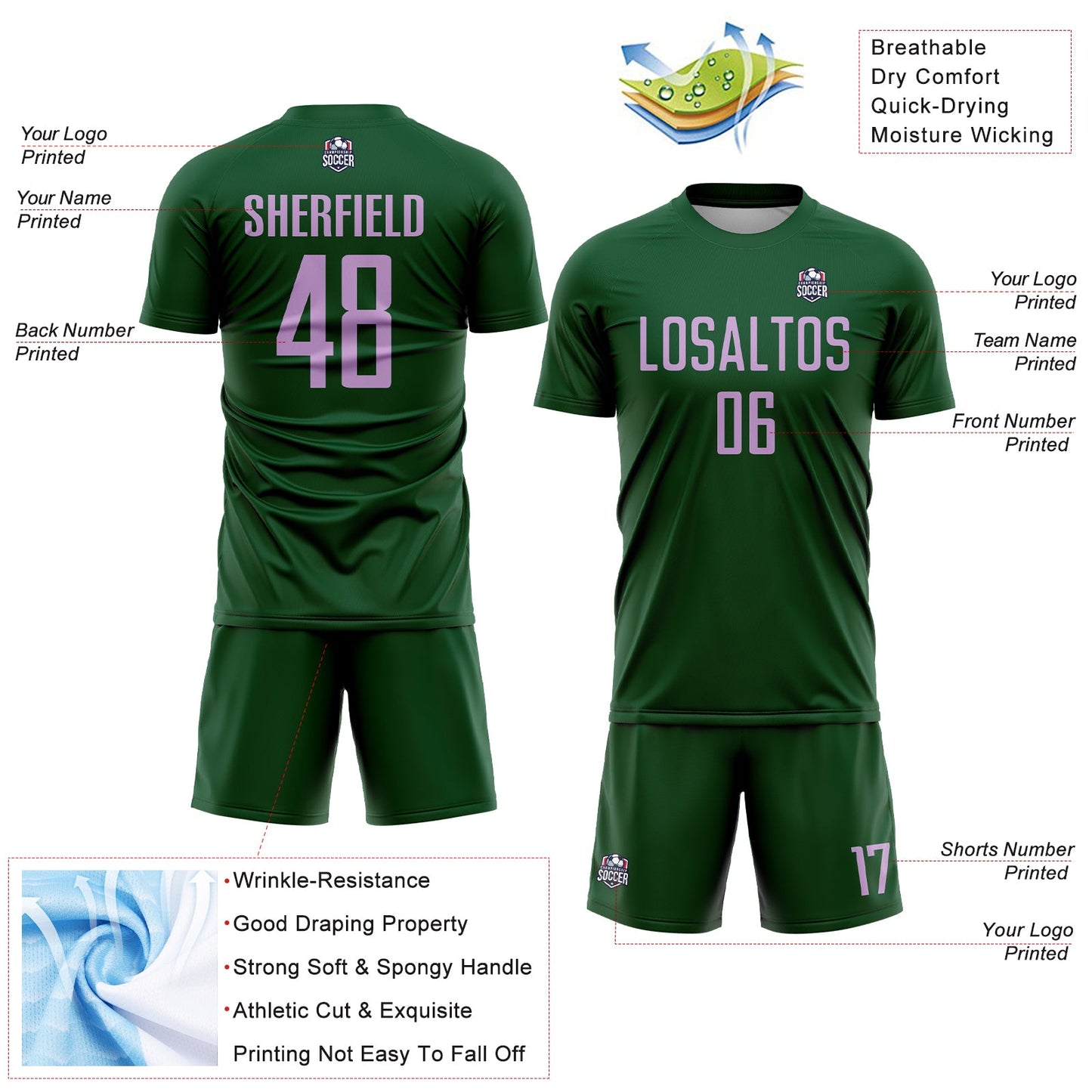 Custom Green Light Purple Sublimation Soccer Uniform Jersey Limited