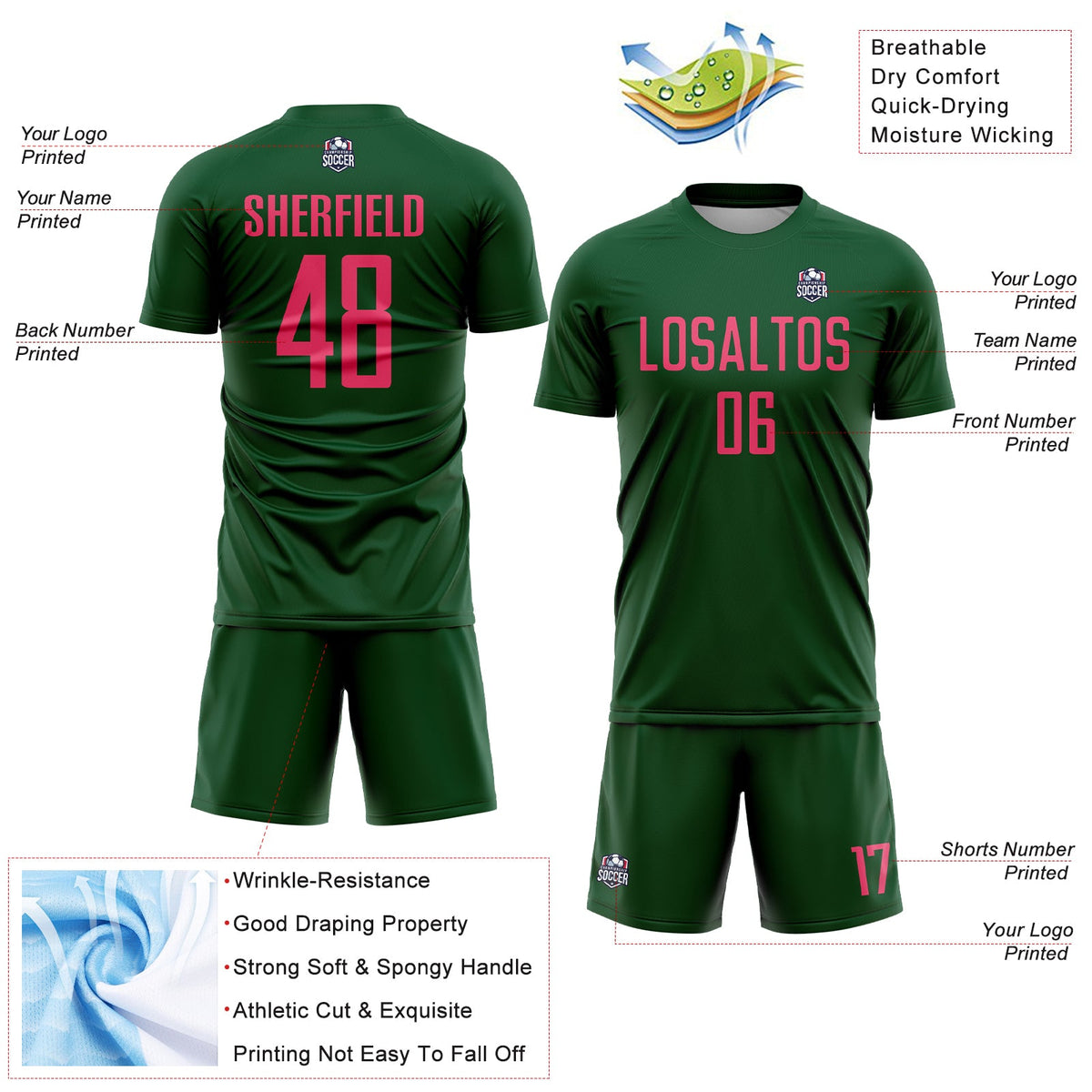 Custom Green Neon Pink Sublimation Soccer Uniform Jersey Limited