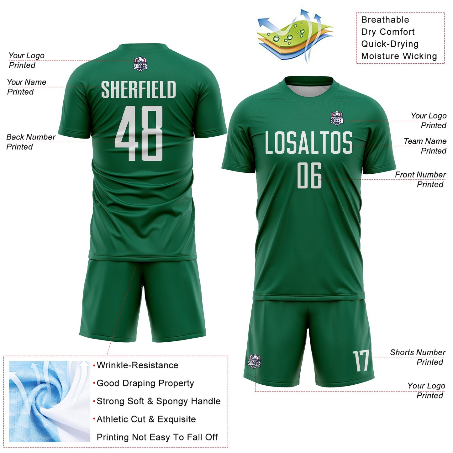 Custom Kelly Green White Sublimation Soccer Uniform Jersey Limited