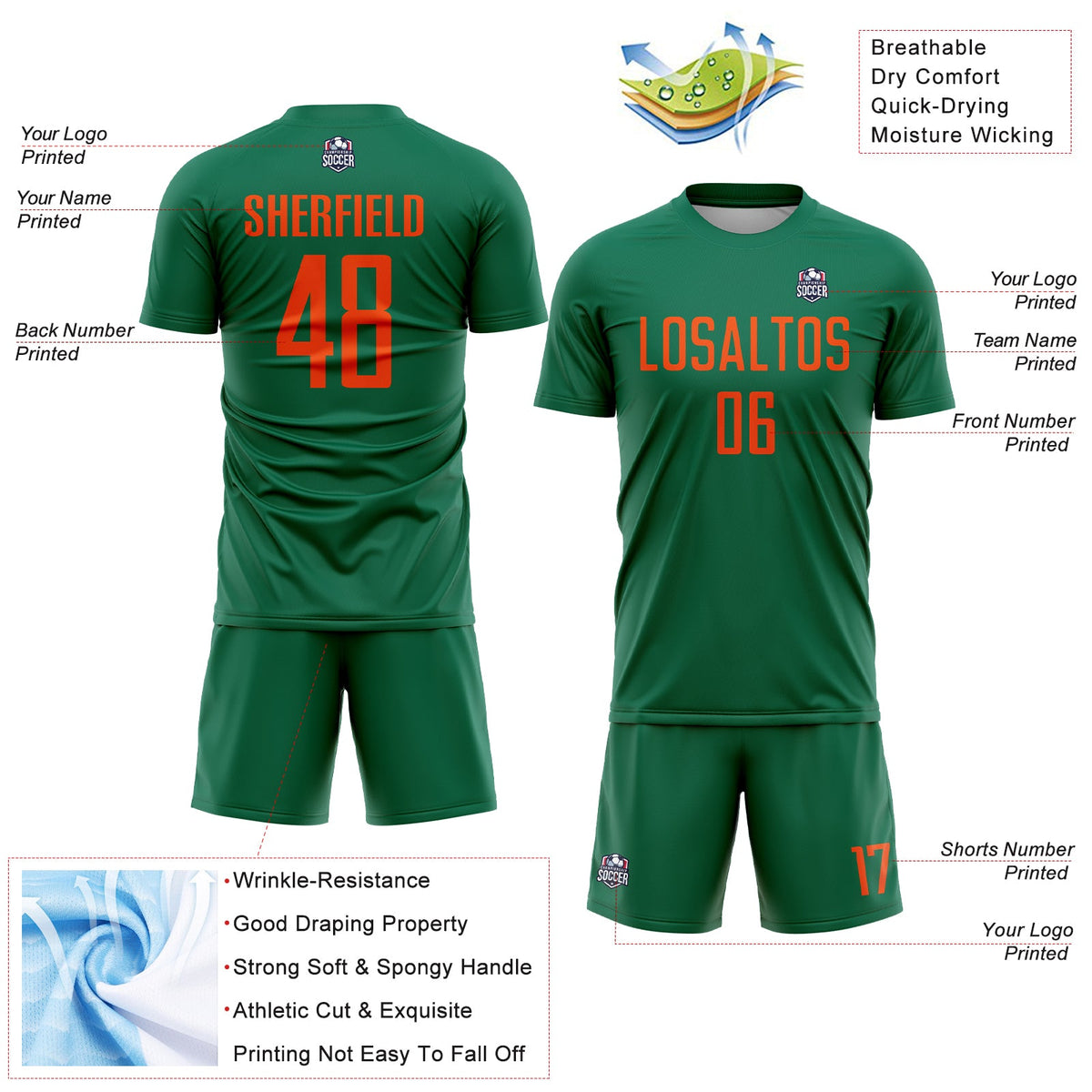 Custom Kelly Green Orange Sublimation Soccer Uniform Jersey Limited