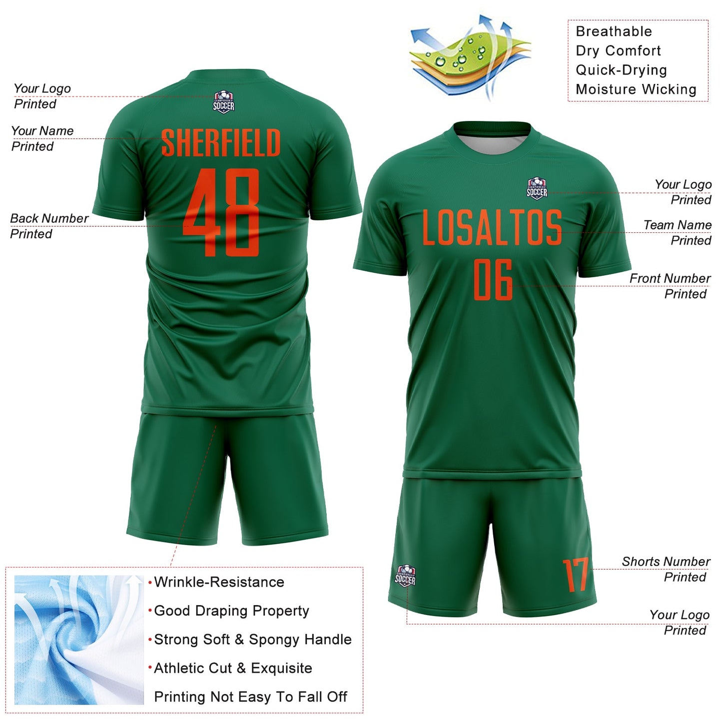 Custom Kelly Green Orange Sublimation Soccer Uniform Jersey Limited