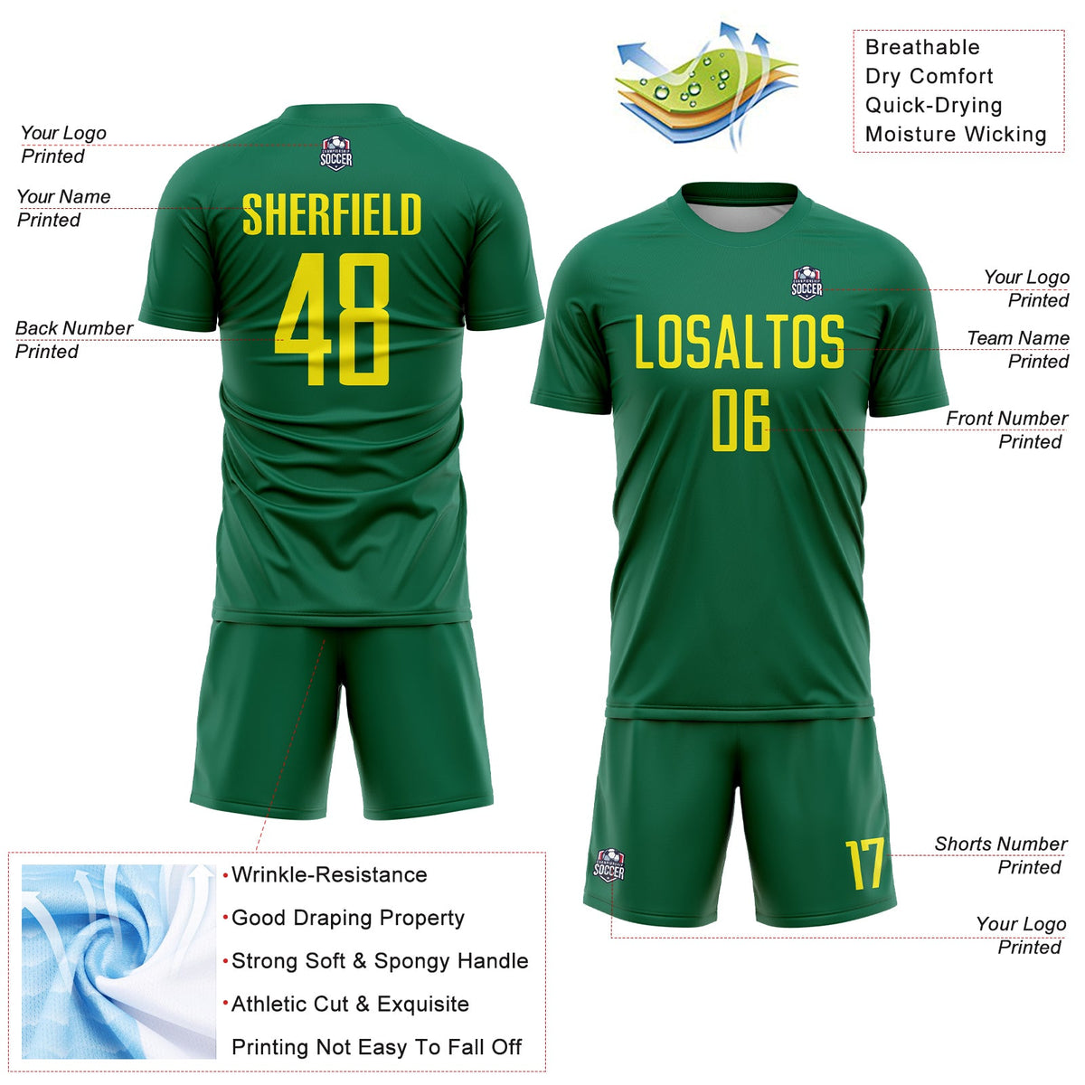 Custom Kelly Green Light Yellow Sublimation Soccer Uniform Jersey Limited