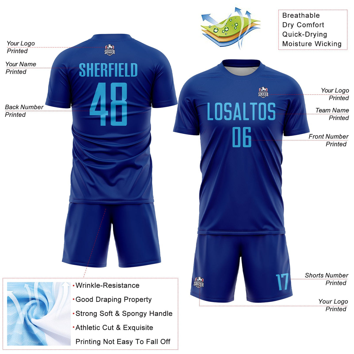 Custom Royal Sky Blue Sublimation Soccer Uniform Jersey Limited