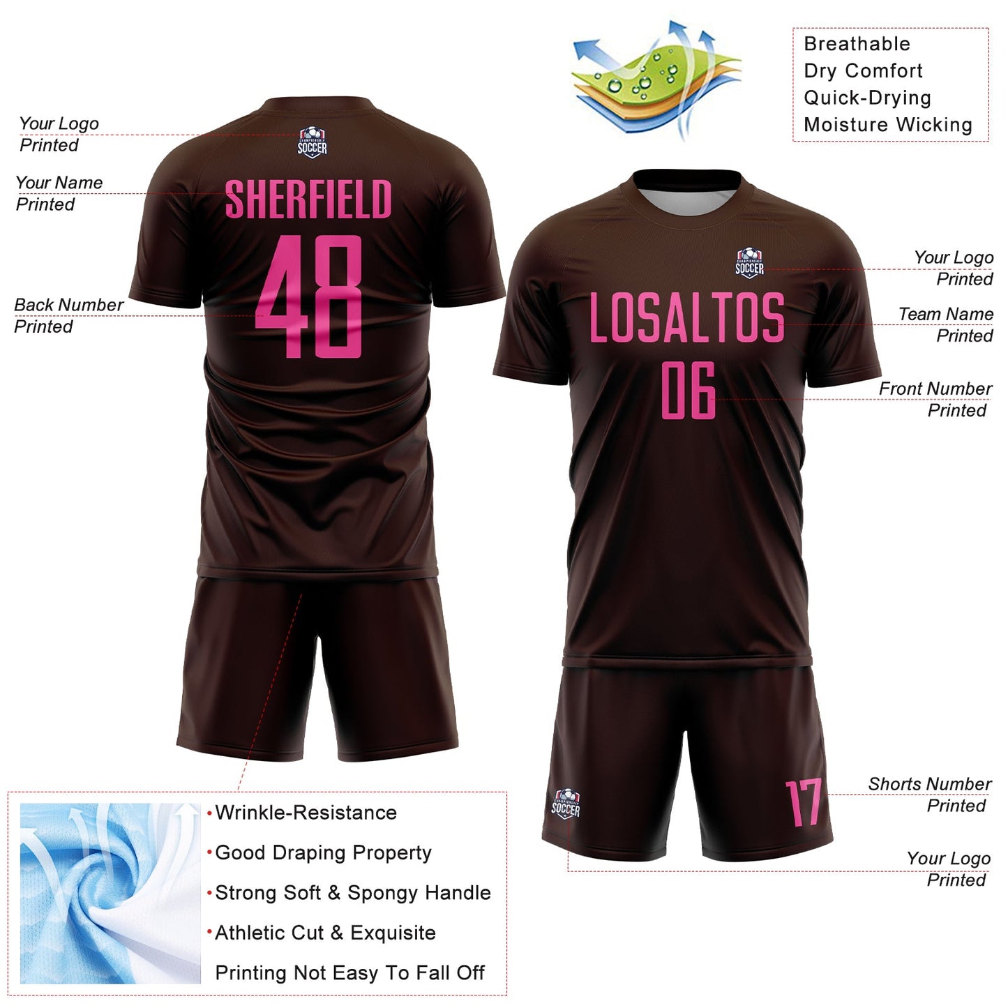 Custom Brown Pink Sublimation Soccer Uniform Jersey Limited
