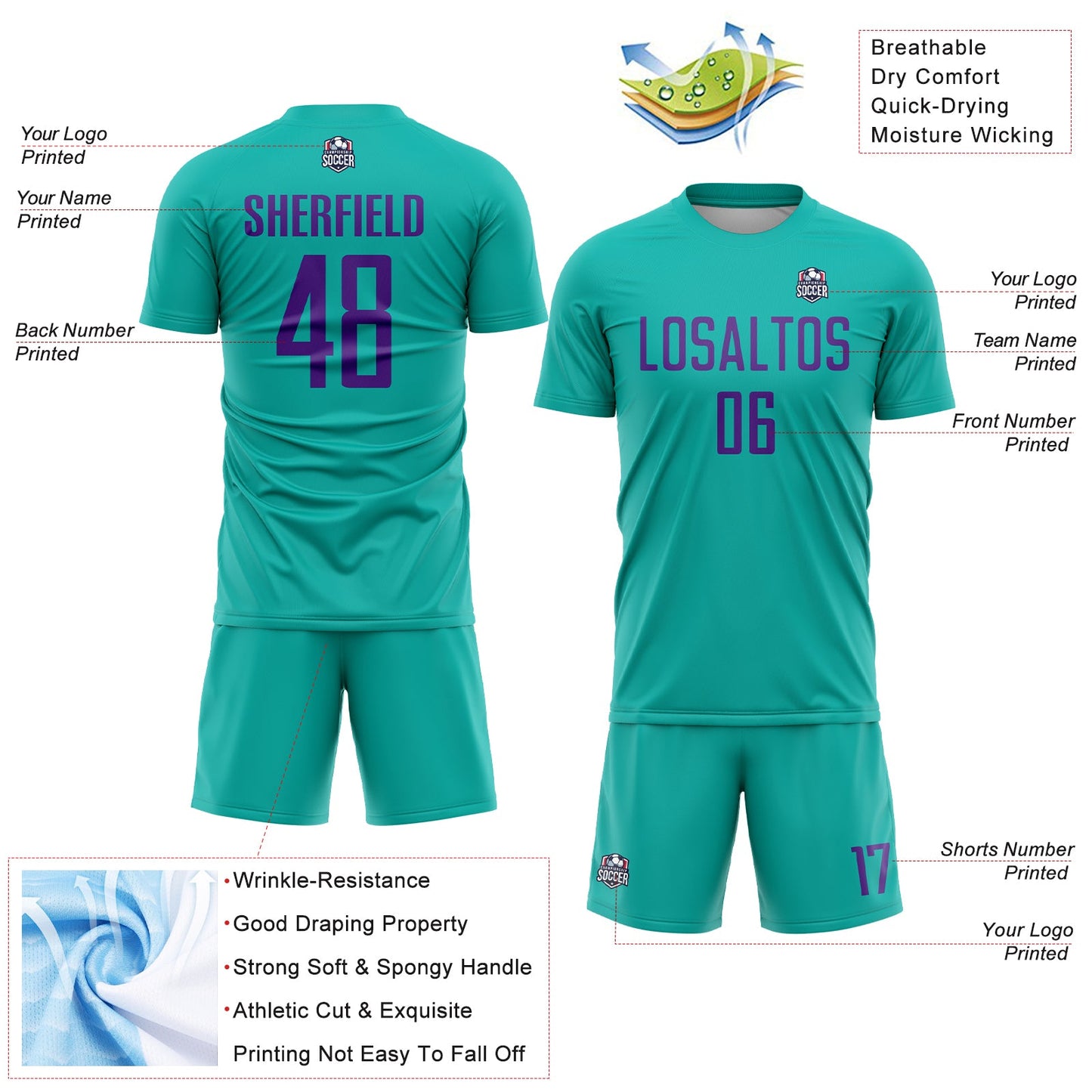 Custom Aqua Purple Sublimation Soccer Uniform Jersey Limited