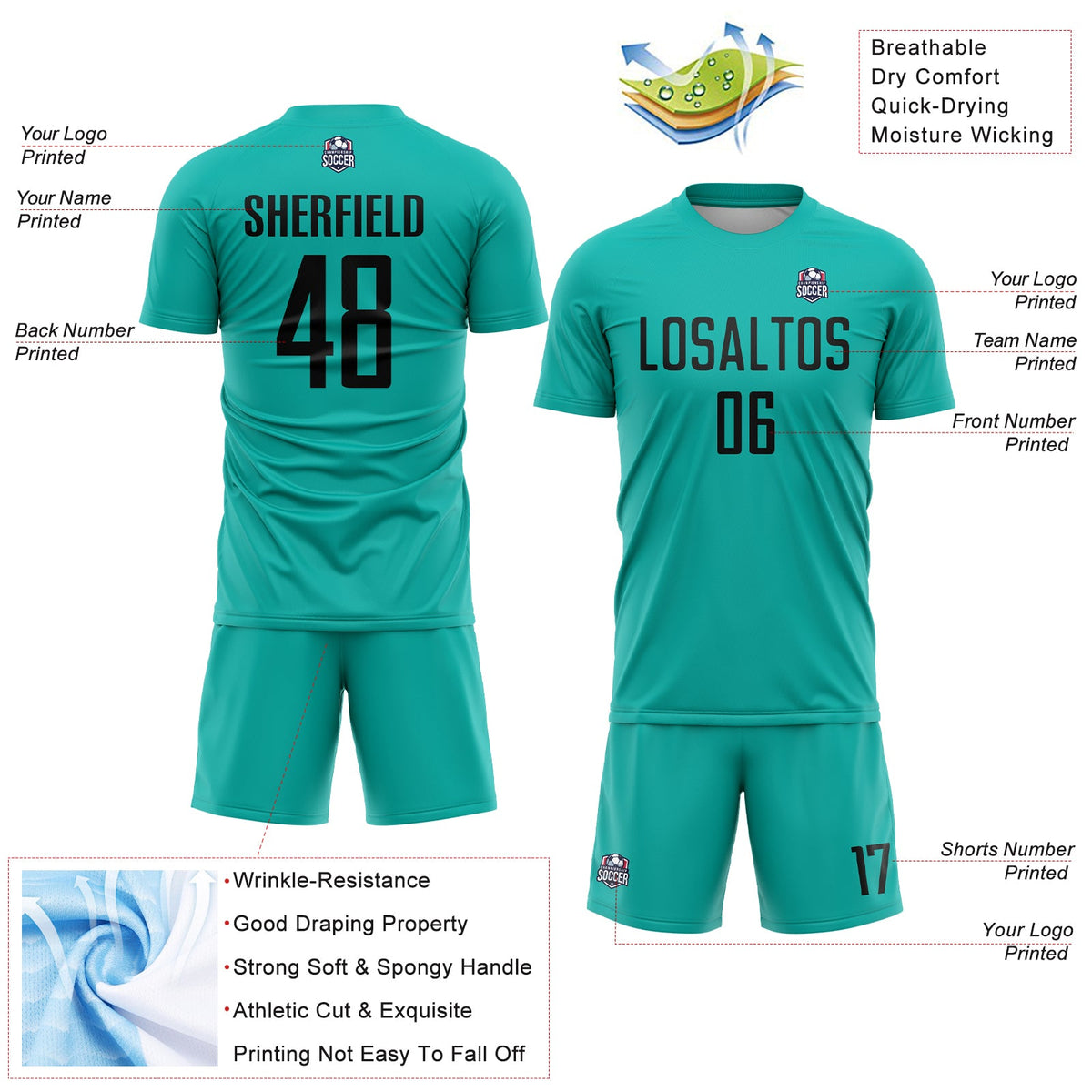 Custom Aqua Black Sublimation Soccer Uniform Jersey Limited