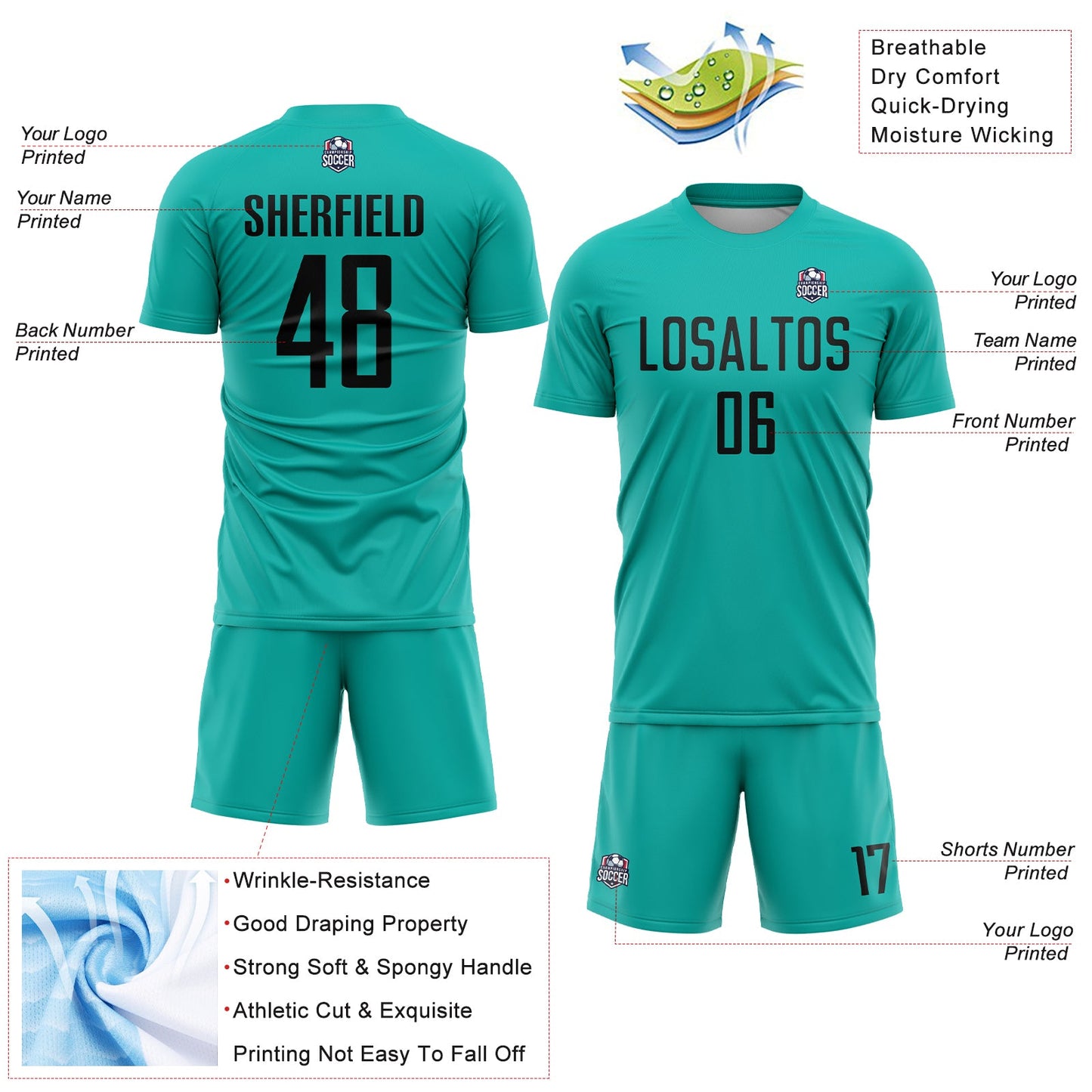 Custom Aqua Black Sublimation Soccer Uniform Jersey Limited