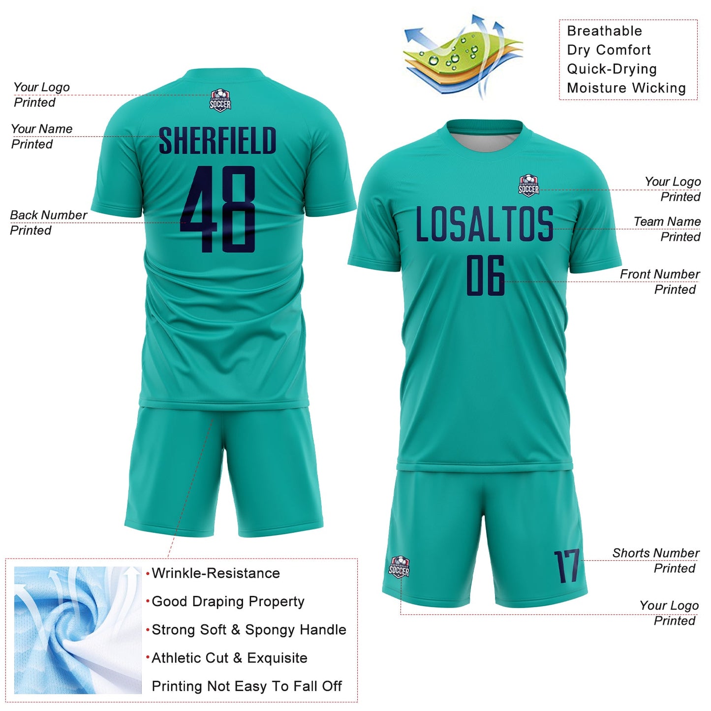 Custom Aqua Navy Sublimation Soccer Uniform Jersey Limited