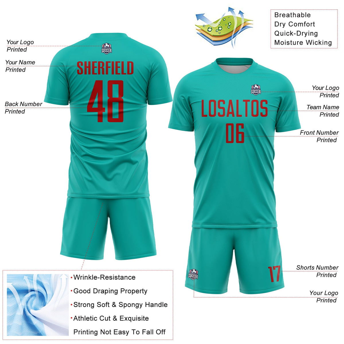 Custom Aqua Red Sublimation Soccer Uniform Jersey Limited