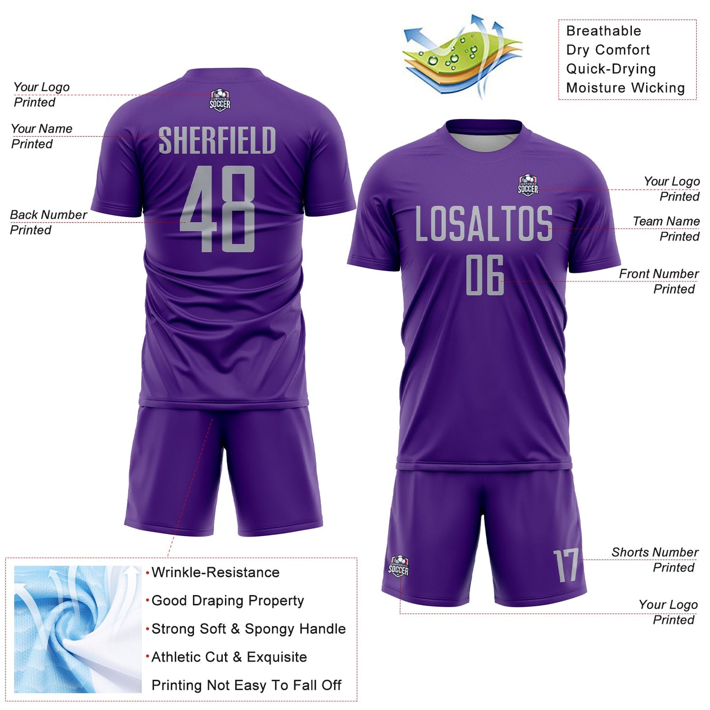 Custom Purple Gray Sublimation Soccer Uniform Jersey Limited