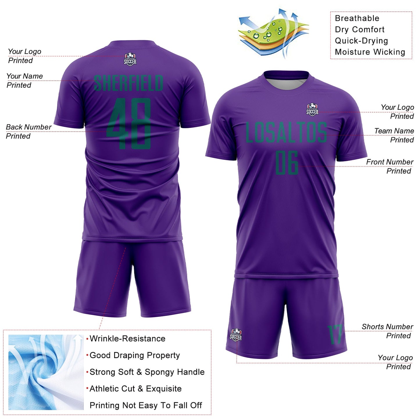 Custom Purple Teal Sublimation Soccer Uniform Jersey Limited