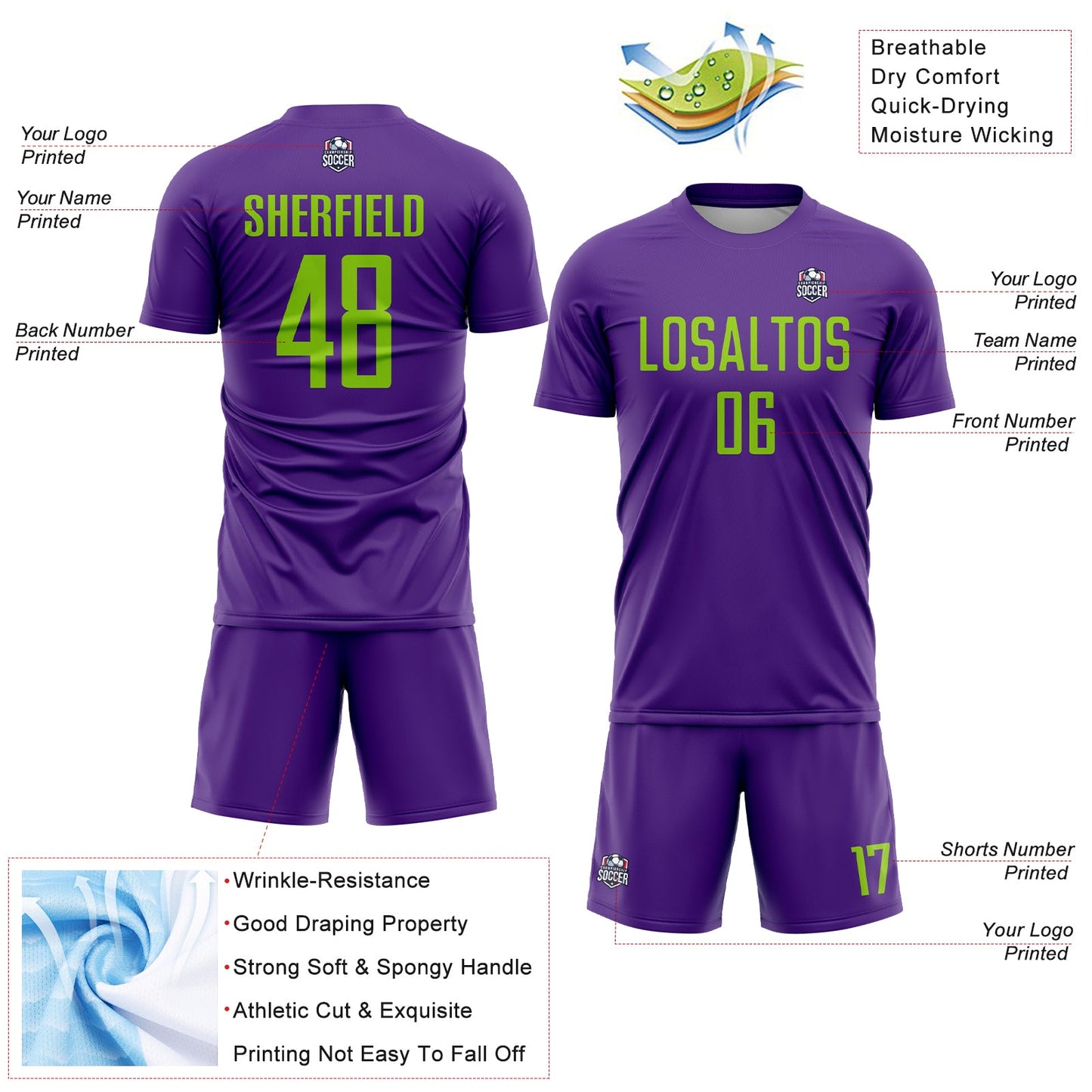 Custom Purple Neon Green Sublimation Soccer Uniform Jersey Limited