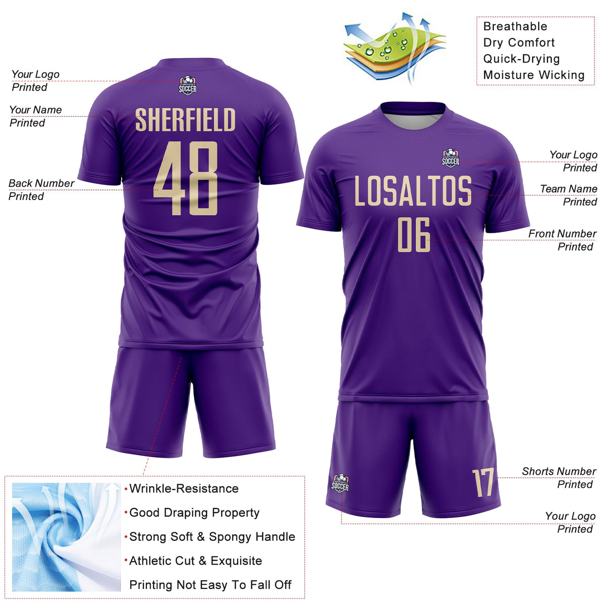 Custom Purple Cream Sublimation Soccer Uniform Jersey Limited